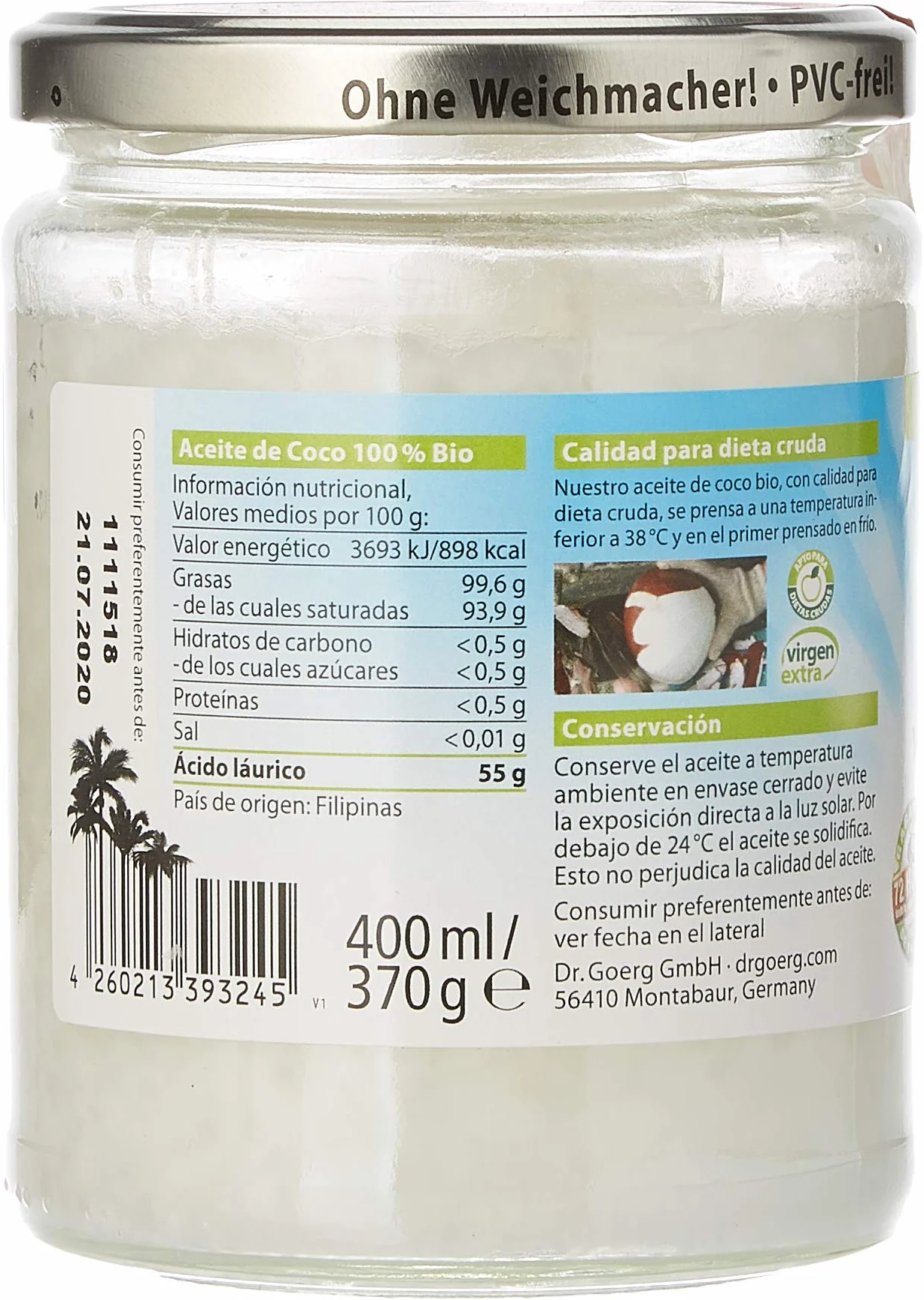 Dr. Goerg Aceite de coco PREMIUM Bio - 400 ml.