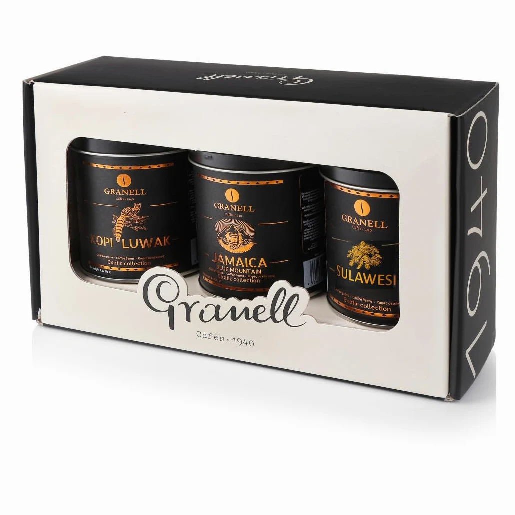 Granell Cafés 1940 Pack Exotic Collection Café en Grano 3 Paquetes | 100% Arábica, Kopi Luwak, Jamaica, Sulawesi
