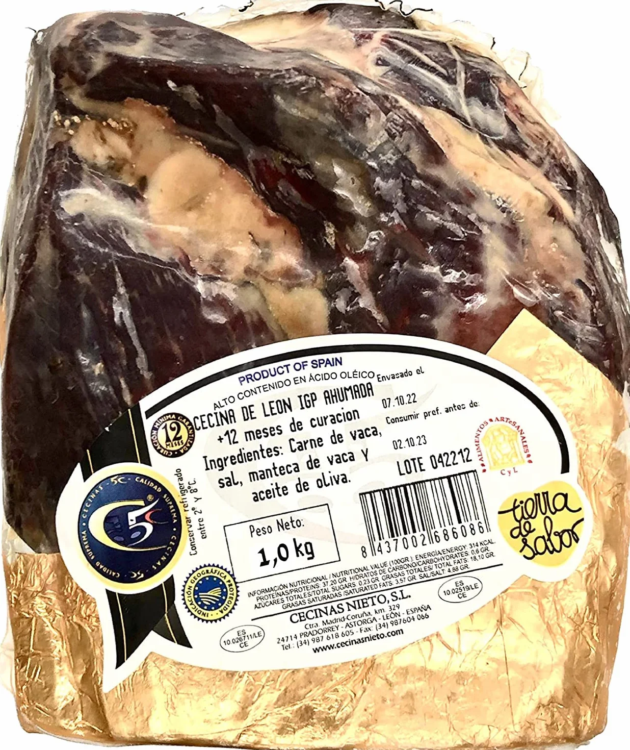 Cecina de León Ahumada IGP pulida 1kg aprox curación 12 meses, carne curada gourmet con sabor intenso y equilibrado