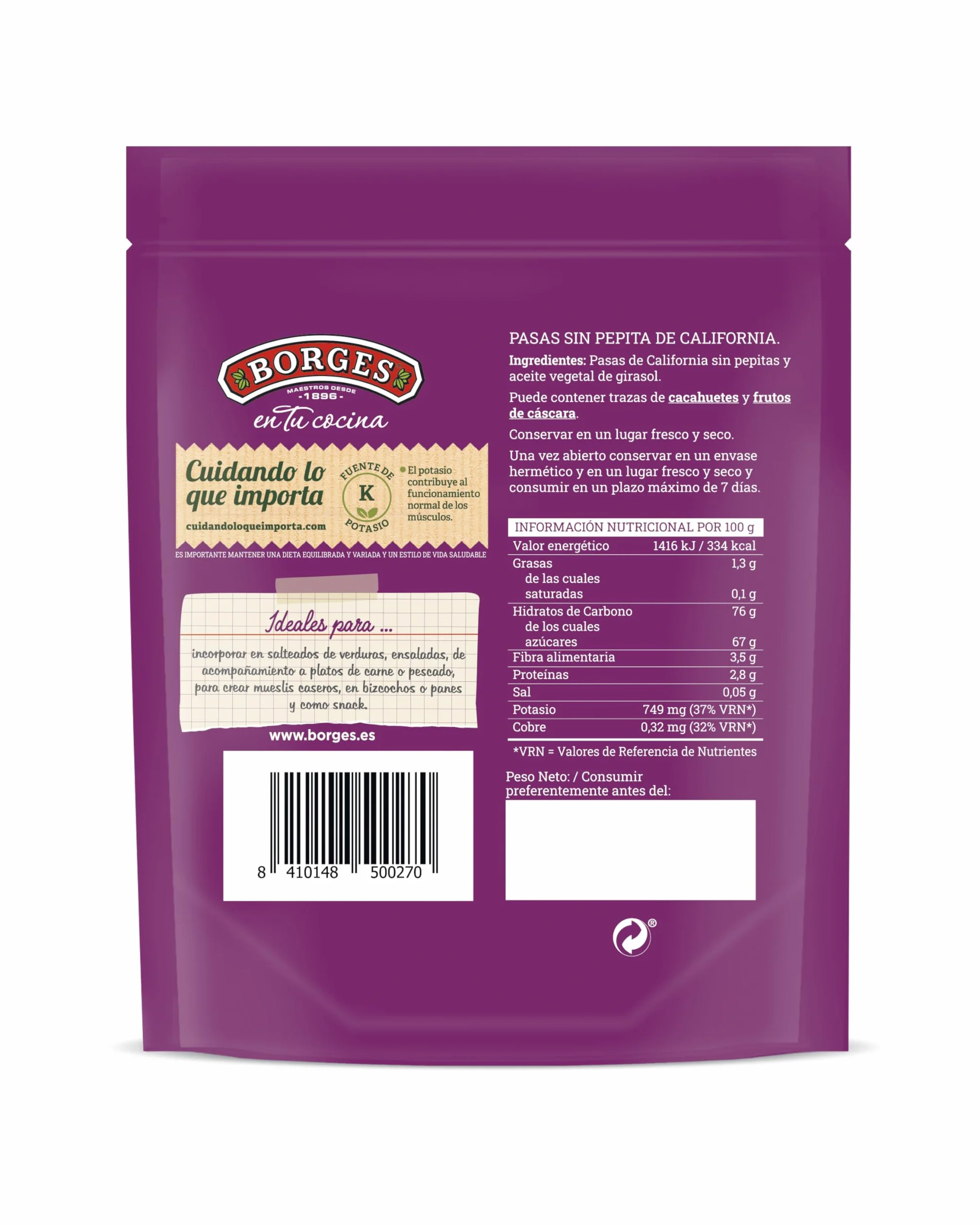 Borges - Pasas California Sin Pepitas Borges En tu Cocina - Alto contenido en vitamina A y B3, Potasio, Magnesio y Calcio - Sin Aceite de Palma, Vegano - Paquete de 150 gramos.