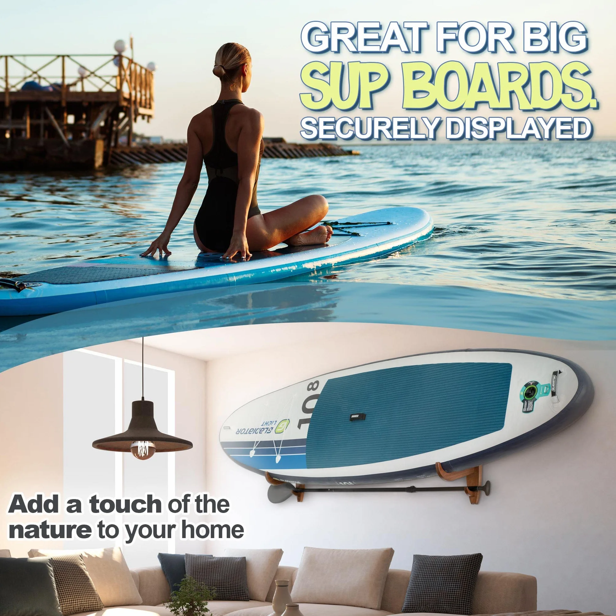 TESLYAR Soporte para tabla de surf madera de fresno acabado natural marrón grande