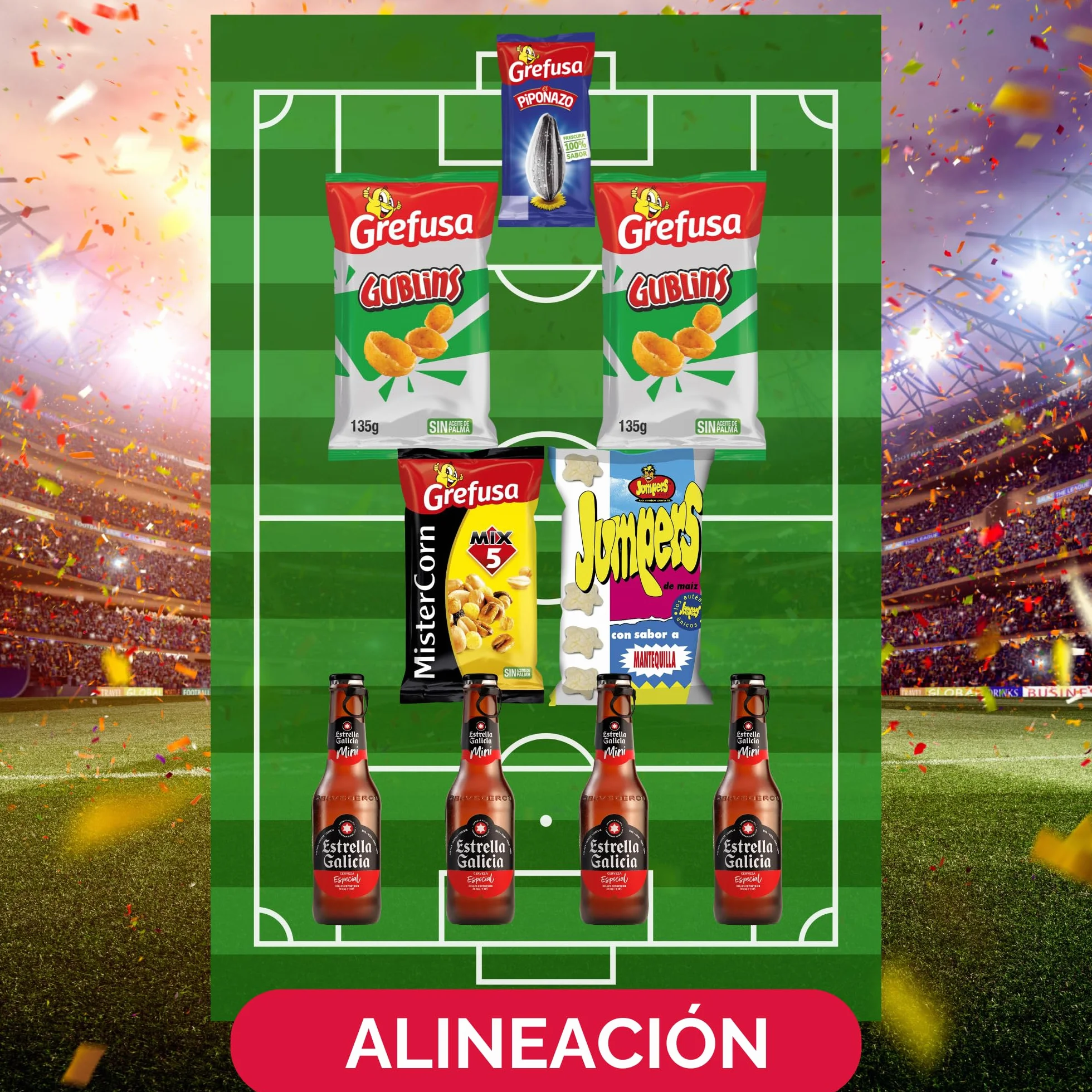 Pack Mundial Snacks Combo 3-4 Personas Cerveza GublinsBBQ MisterCorn Mix Jumper Piponazo 4 Botellines Aperitivos Fútbol Caja Regalo 2026