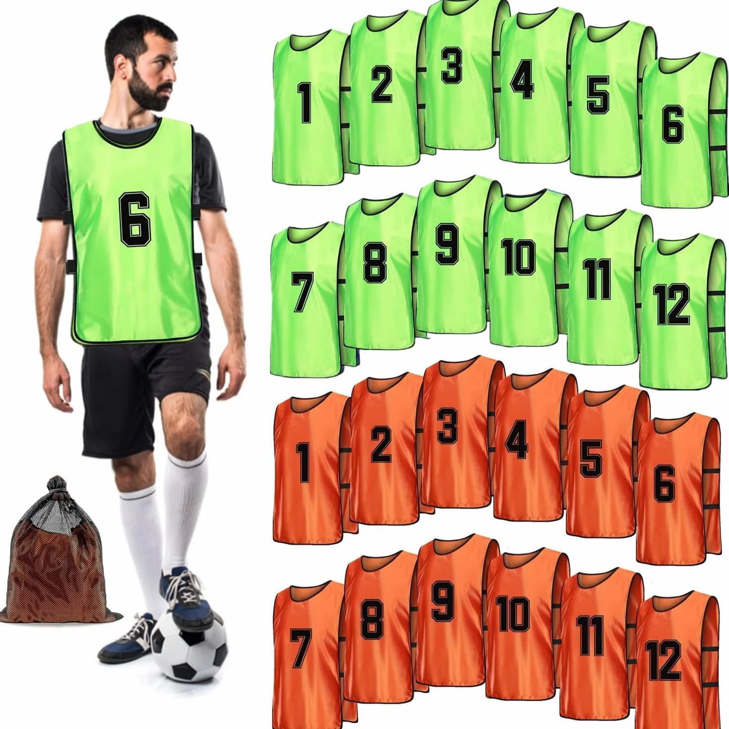 Pack 24 camisetas fútbol adultos entrenamiento malla números naranja verde