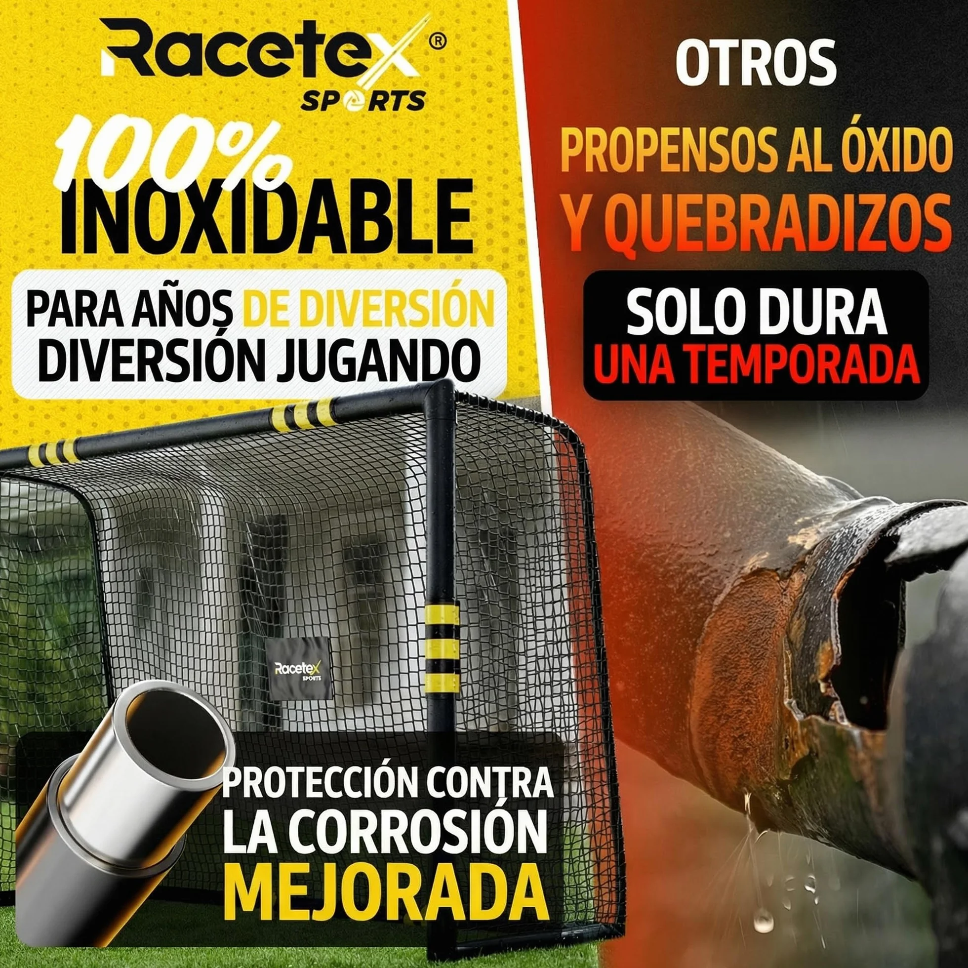 Portería de Fútbol Grande para Niños Racetex con Recubrimiento Anticorrosivo e Incluye Anclajes
