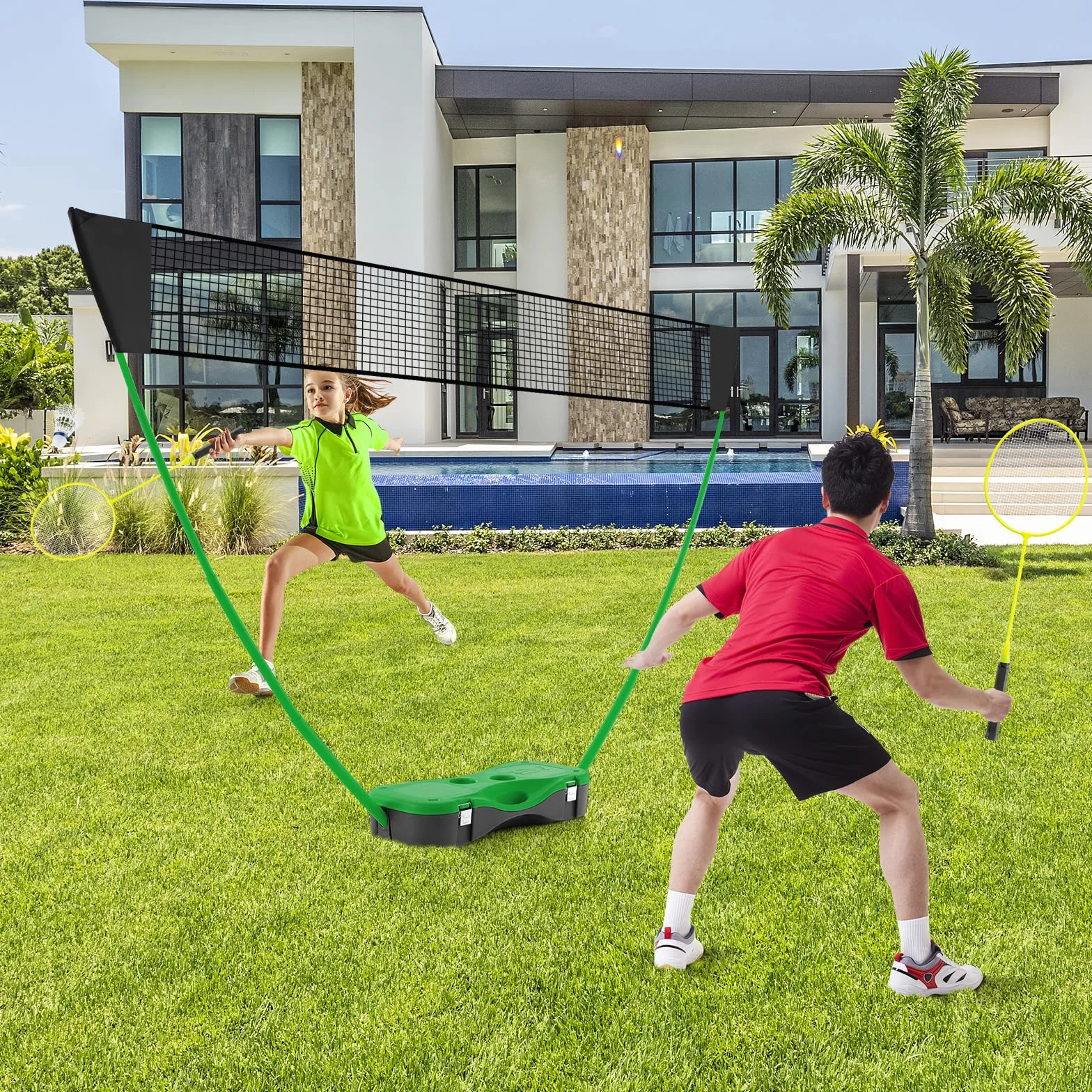GYMAX Soporte red bádminton portátil juego con raqueta y 2 volantes caja almacenamiento exterior interior