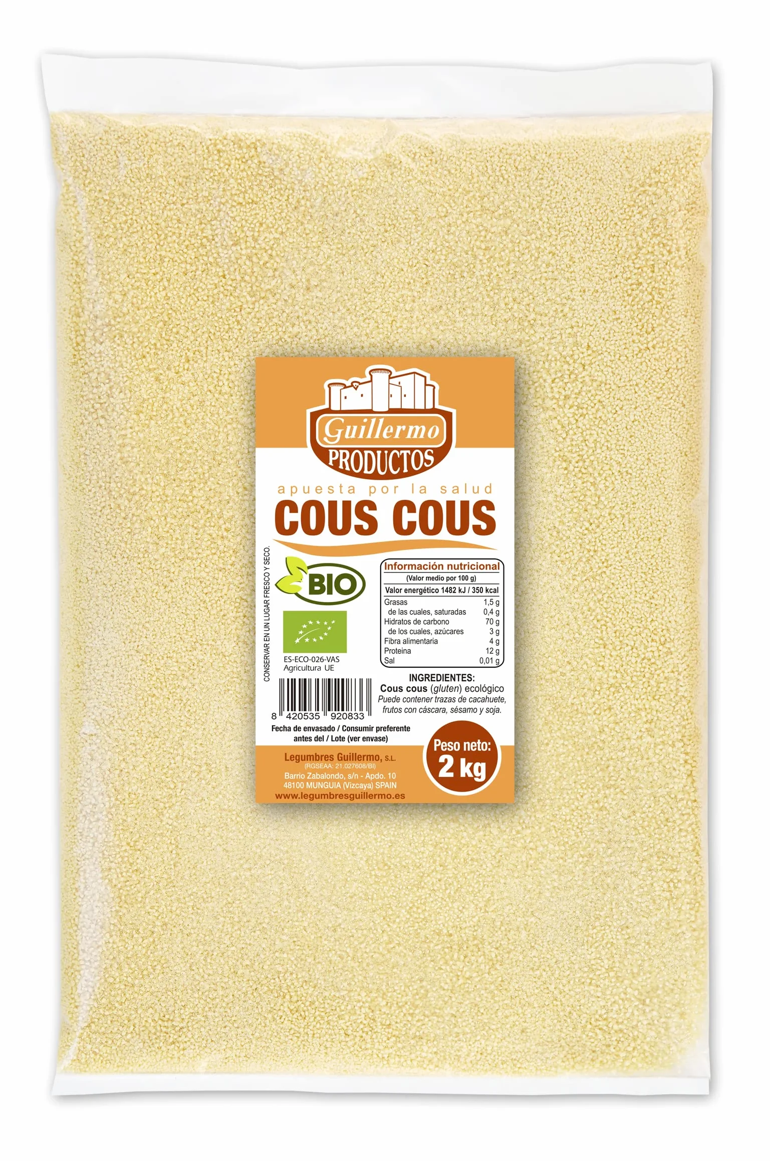 Guillermo | Cuscús BIO - Bolsa 2kg. | 100% ecológico | Cous cous | Ayuda a reparar y fortalecer la musculatura | Rico en fibra