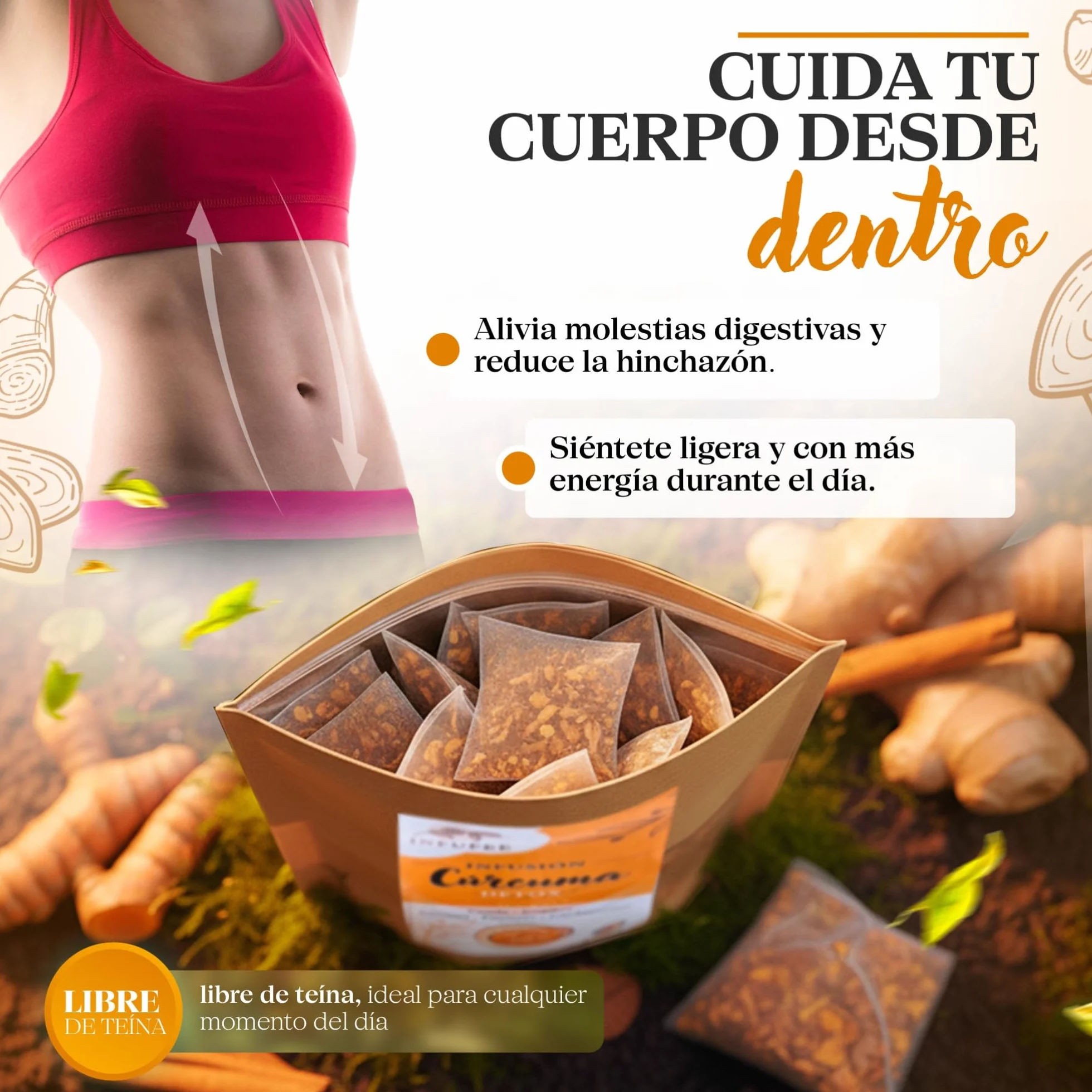 Infusión Detox de Cúrcuma y Jengibre - Té Antioxidante y Antiinflamatorio con Pimienta Negra, Canela y Cardamomo - Plan Adelgazante Natural 15 Dias- Infusión Sin Teína para Dieta Depurativa