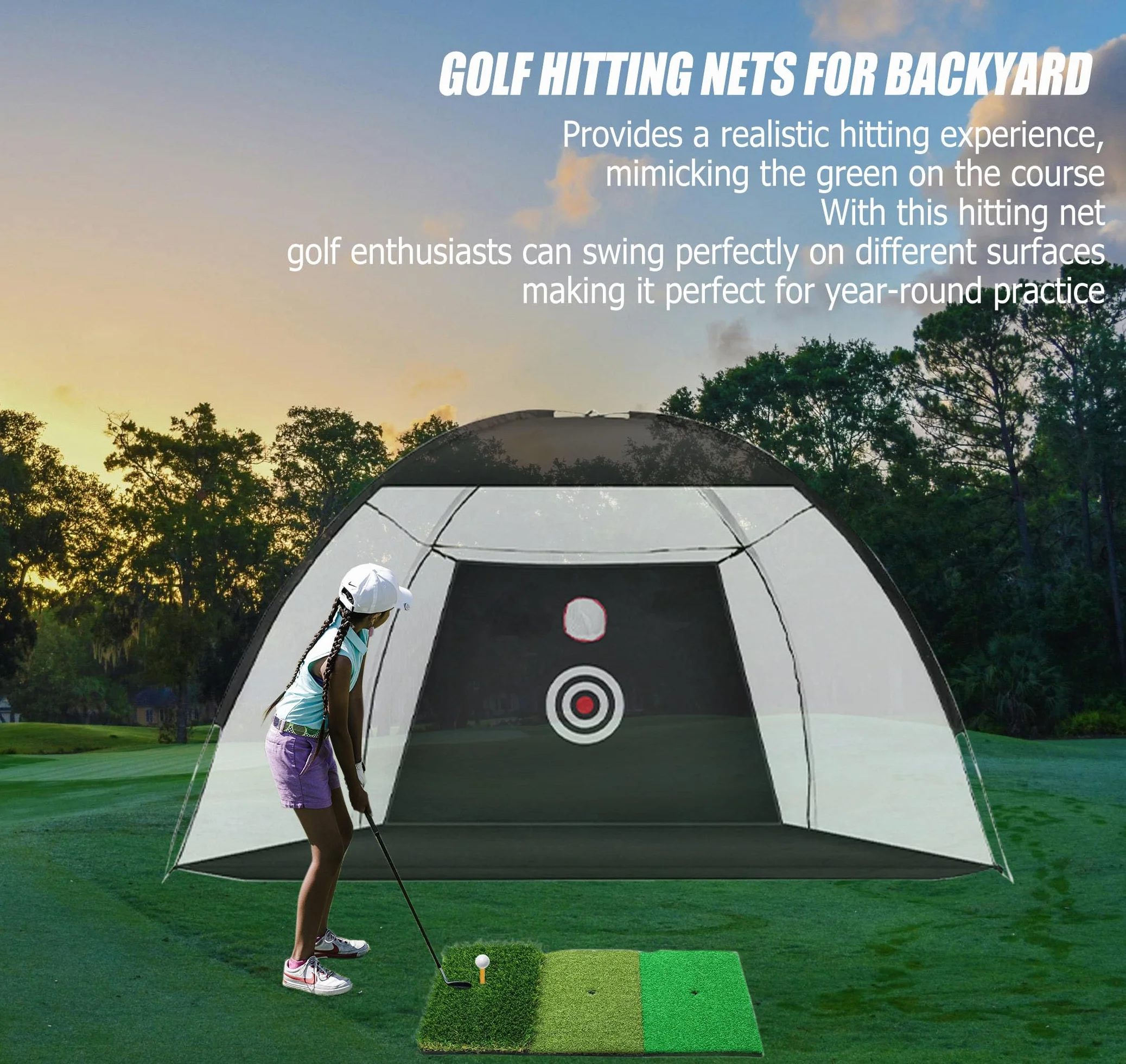 Golf Practice Net 10x7ft with Target Mat Balls Tee Indoor Training Equipment