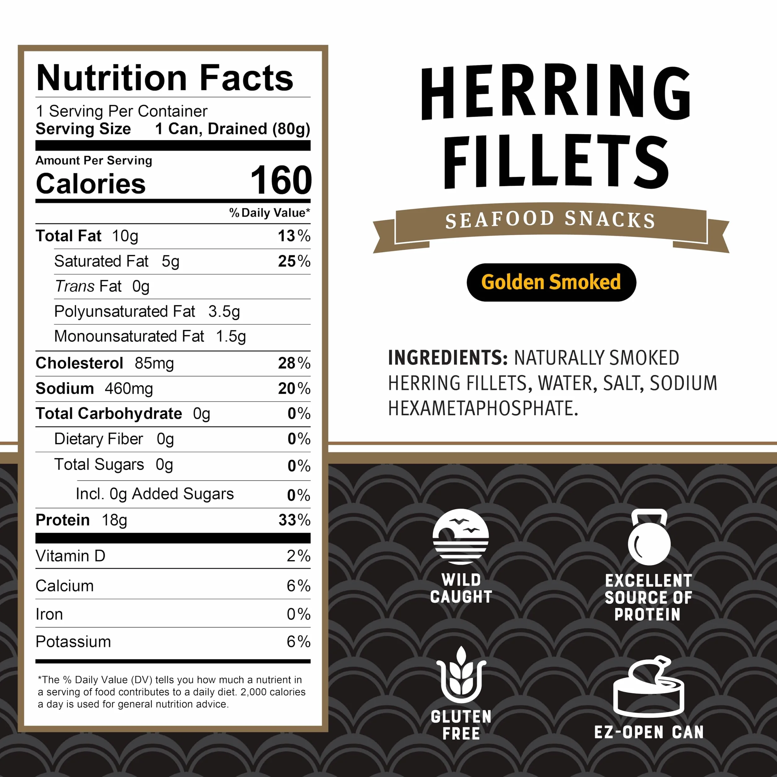 Filetes de arenque ahumado dorado, lata 3.25 oz, proteína 0.76 oz por porción, sin gluten, cetogénico