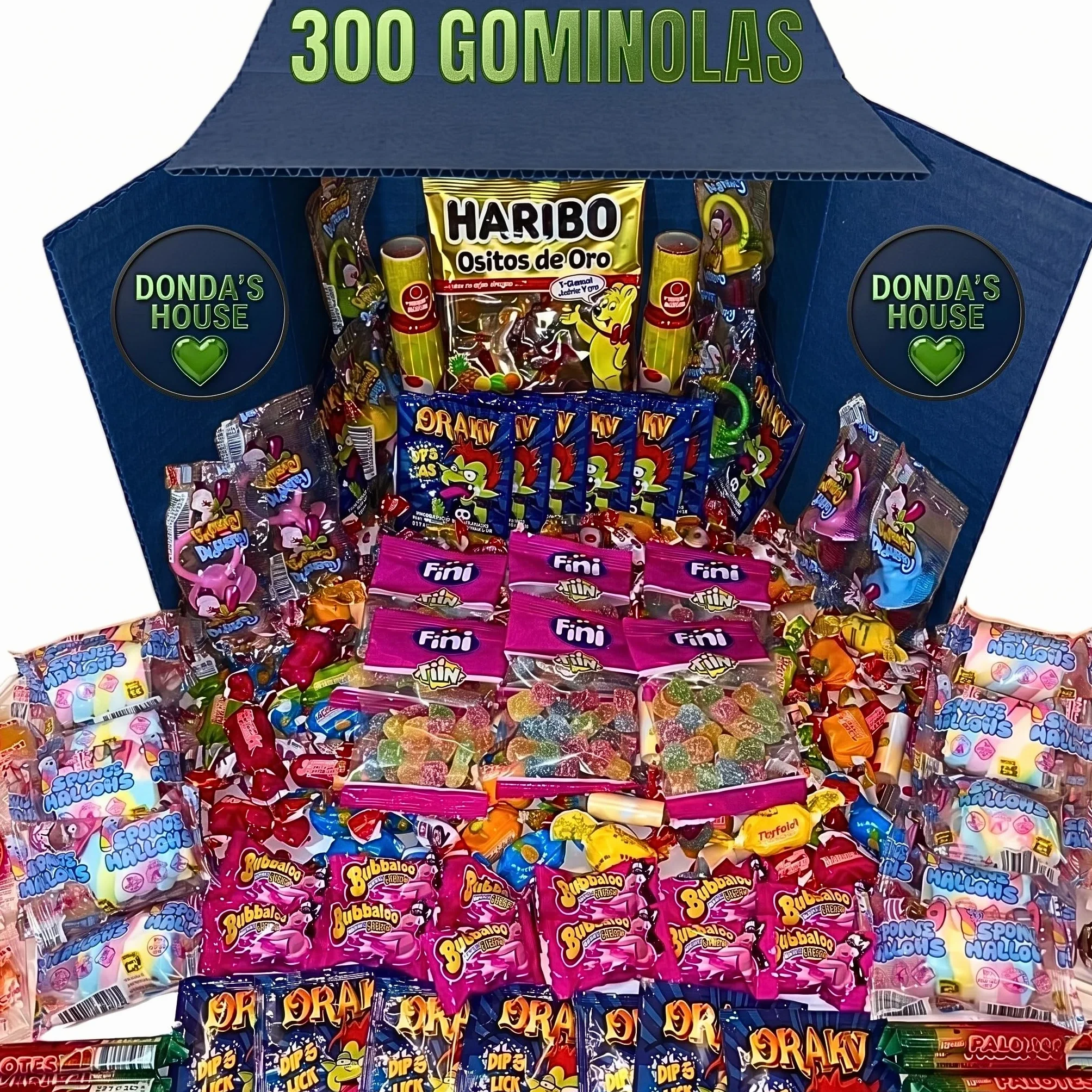 Donda's House® Caja de chuches 300 Ud. Caramelos y Golosinas. Gominolas Para Cumpleaños, Chuches para Piñatas, Todo el surtido envuelto individualmente. (Grande 300)