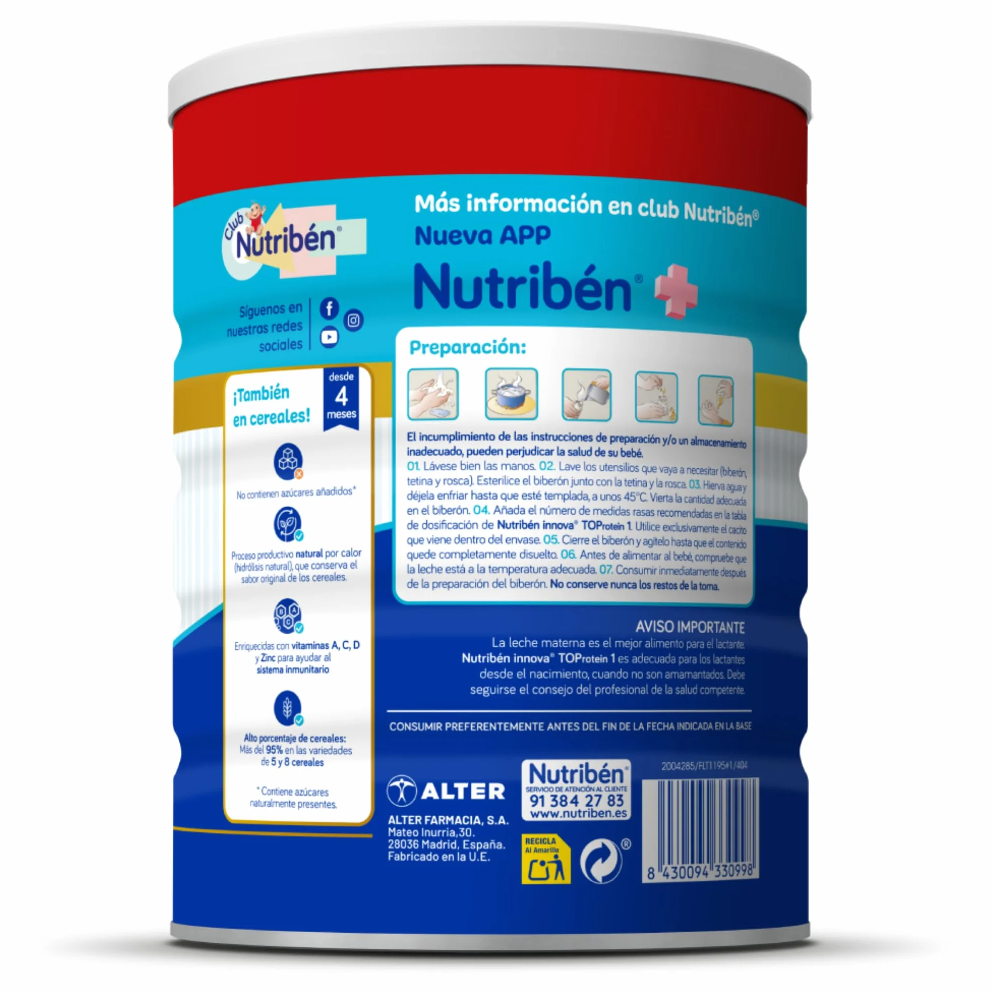 Nutribén Innova 1 Leche en Polvo Fórmula para Bebé sin Aceite de Palma con BPL1 y DHA 1 Bote 1KG