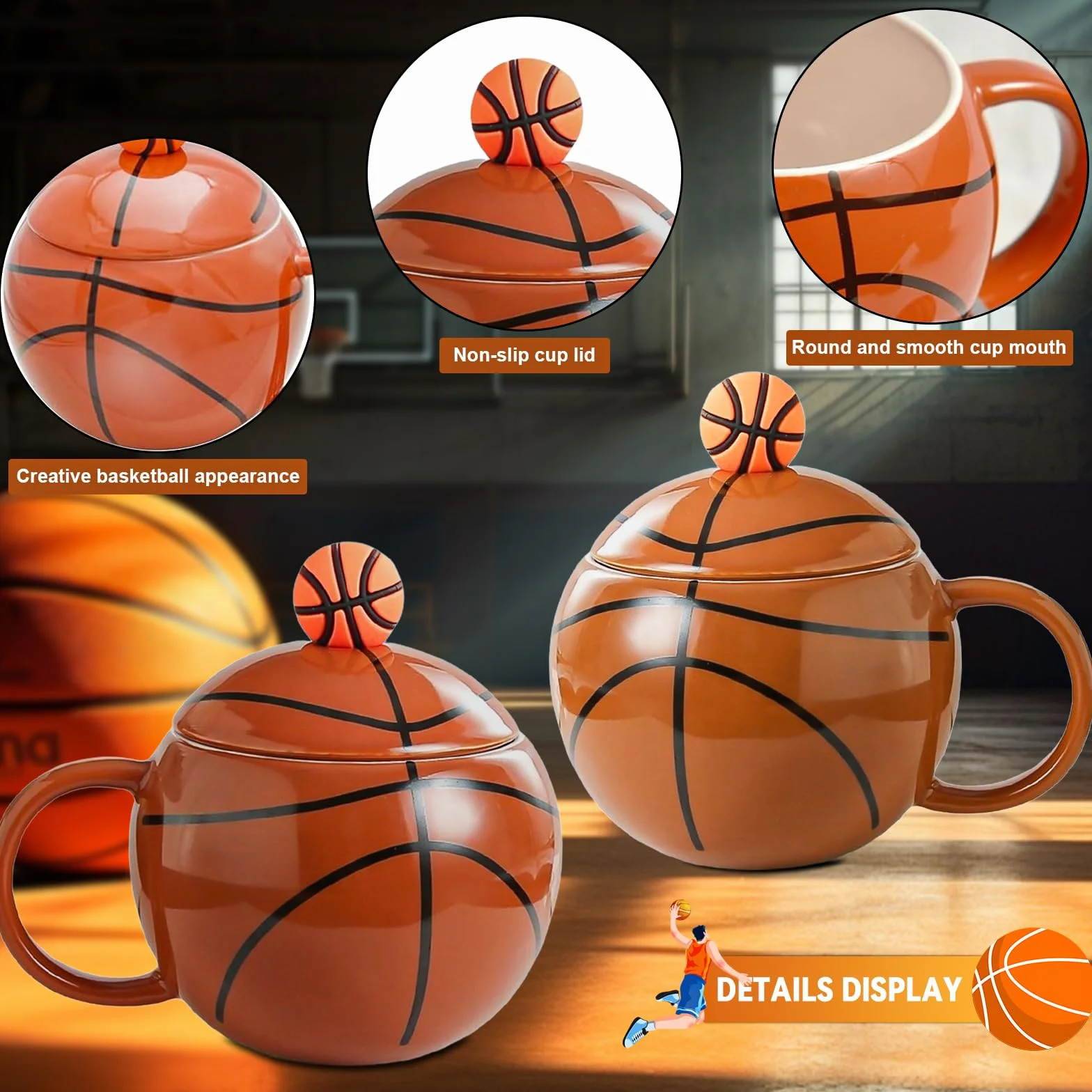 Taza de Café Baloncesto 420ml con Tapa, Divertida Taza Esférica, Mug Desayuno Creativa, Regalos Originales