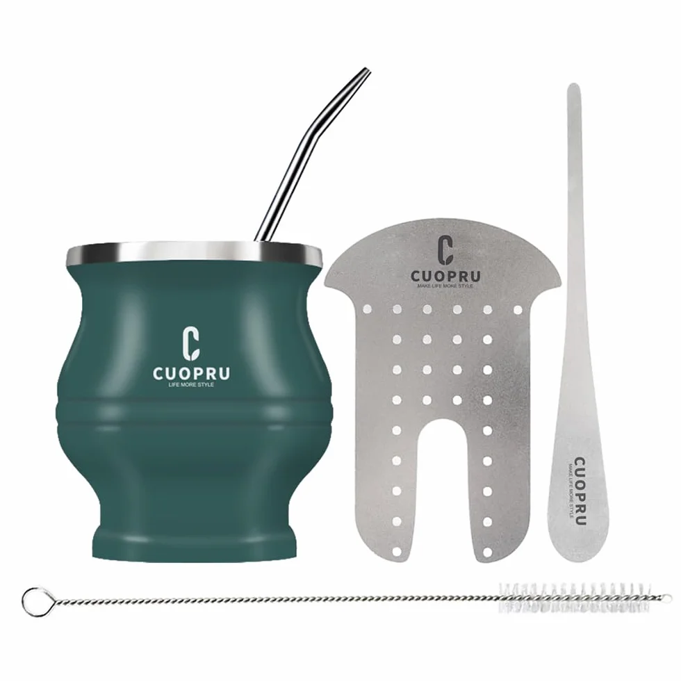 Cuopru Juego de taza y juego de yerba mate de acero inoxidable, 6.7 onzas, verde militar, diseño moderno