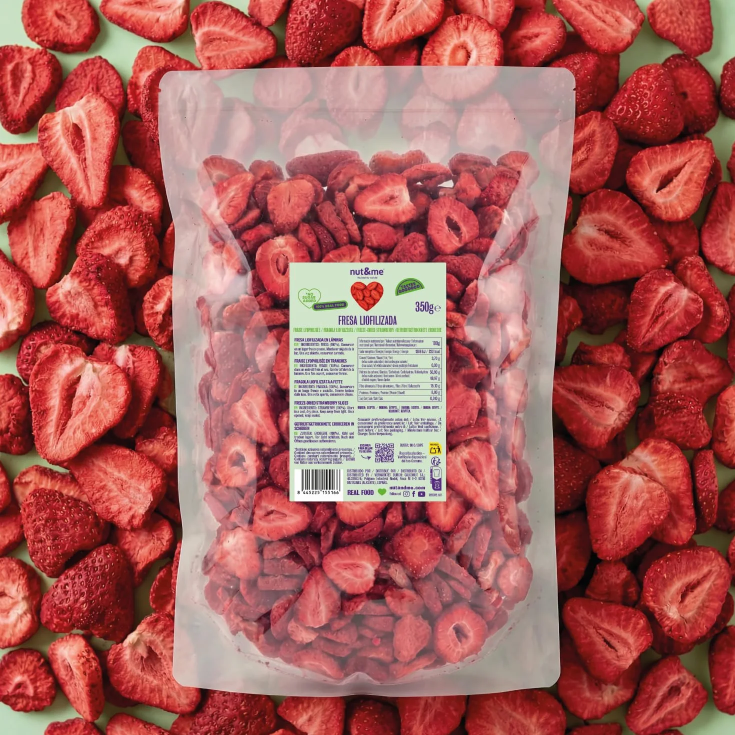 nut&me Fresa liofilizada en rodajas 350 gr | 100% Fresas naturales deshidratadas | Naturalmente dulces | Sin azúcares añadidos, aditivos, OGM y Gluten | Retenido de Vitaminas | Vegano
