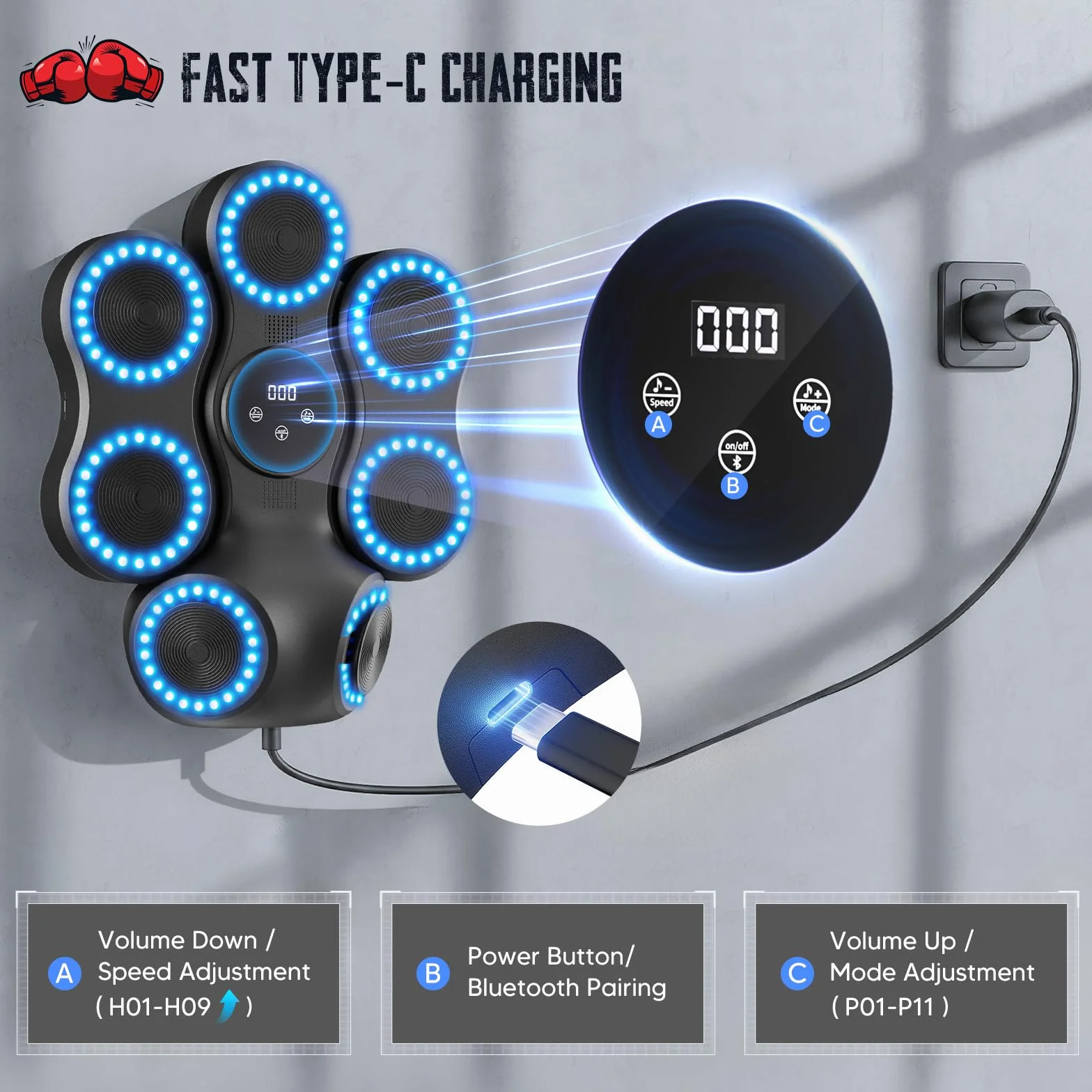 Maquina Boxeo Pared Musical con Bluetooth y Pantalla LED, 9 Velocidades, 11 Modos Entrenamiento