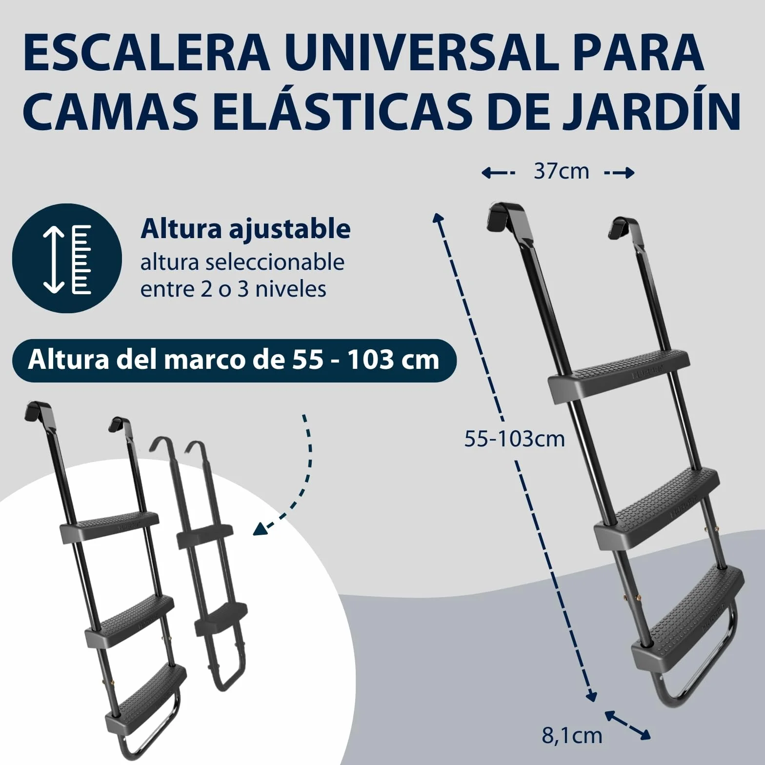 HUDORA Escalera Universal Antideslizante para Trampolines - Altura Ajustable con Peldaños Anchos, Resistente UV