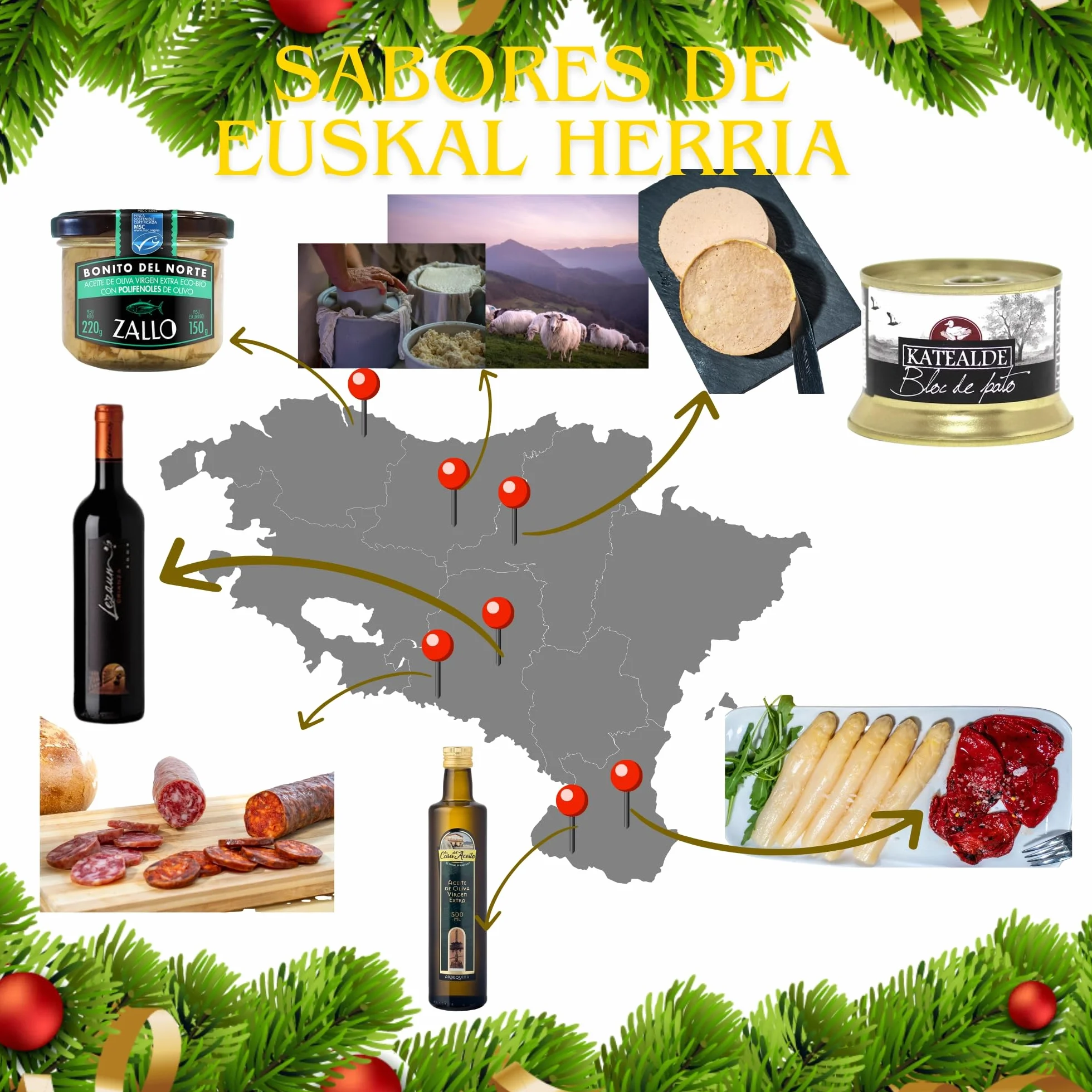 Lote Gourmet Euskal Herria - Cesta Navidad Queso Idiazabal, Pate, Chorizo, Espárragos de Navarra, Pimientos del Piquillo