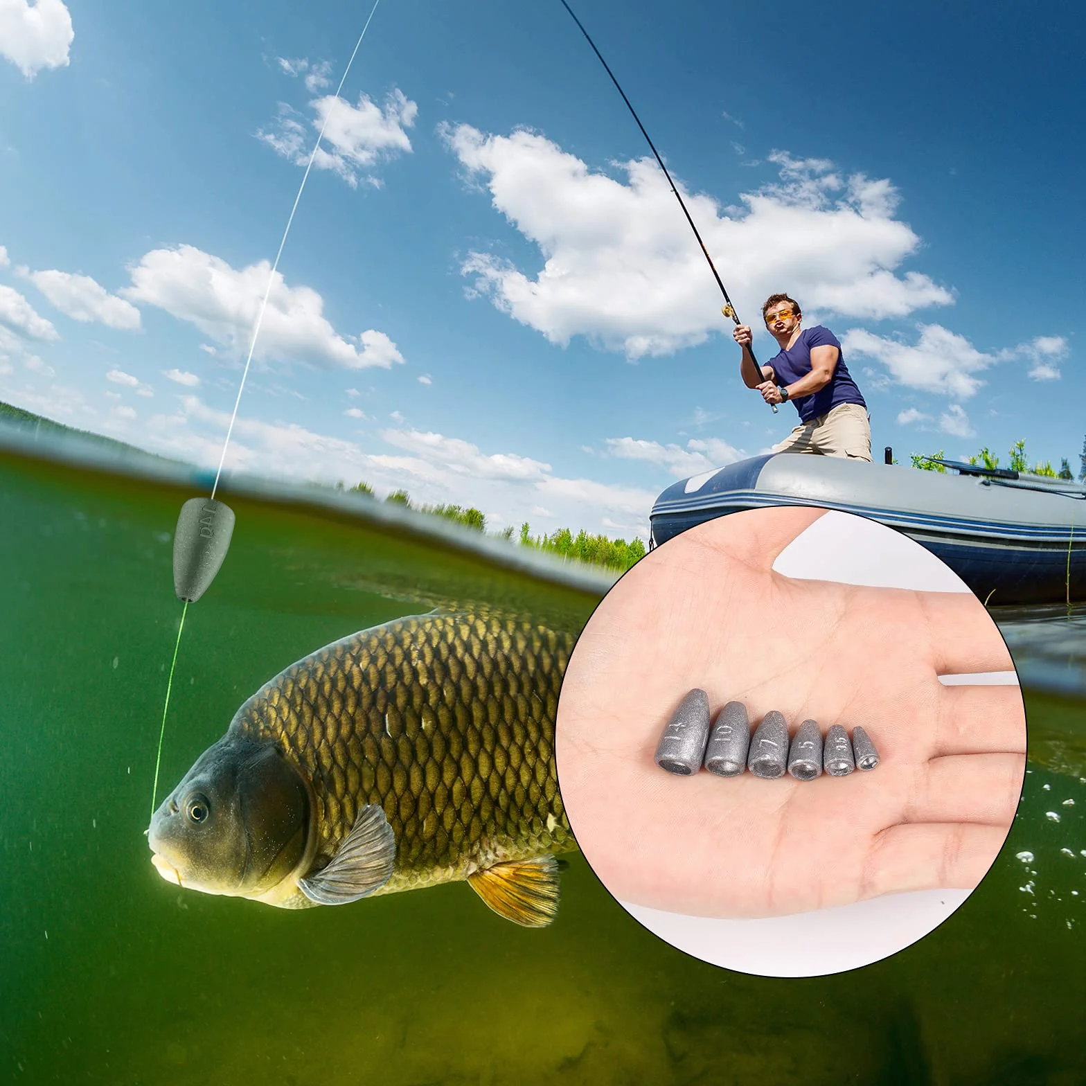 KINBOM 60 Piezas Pesas Pesca Kit Plomos Extraíbles Reutilizables 6 Tamaños