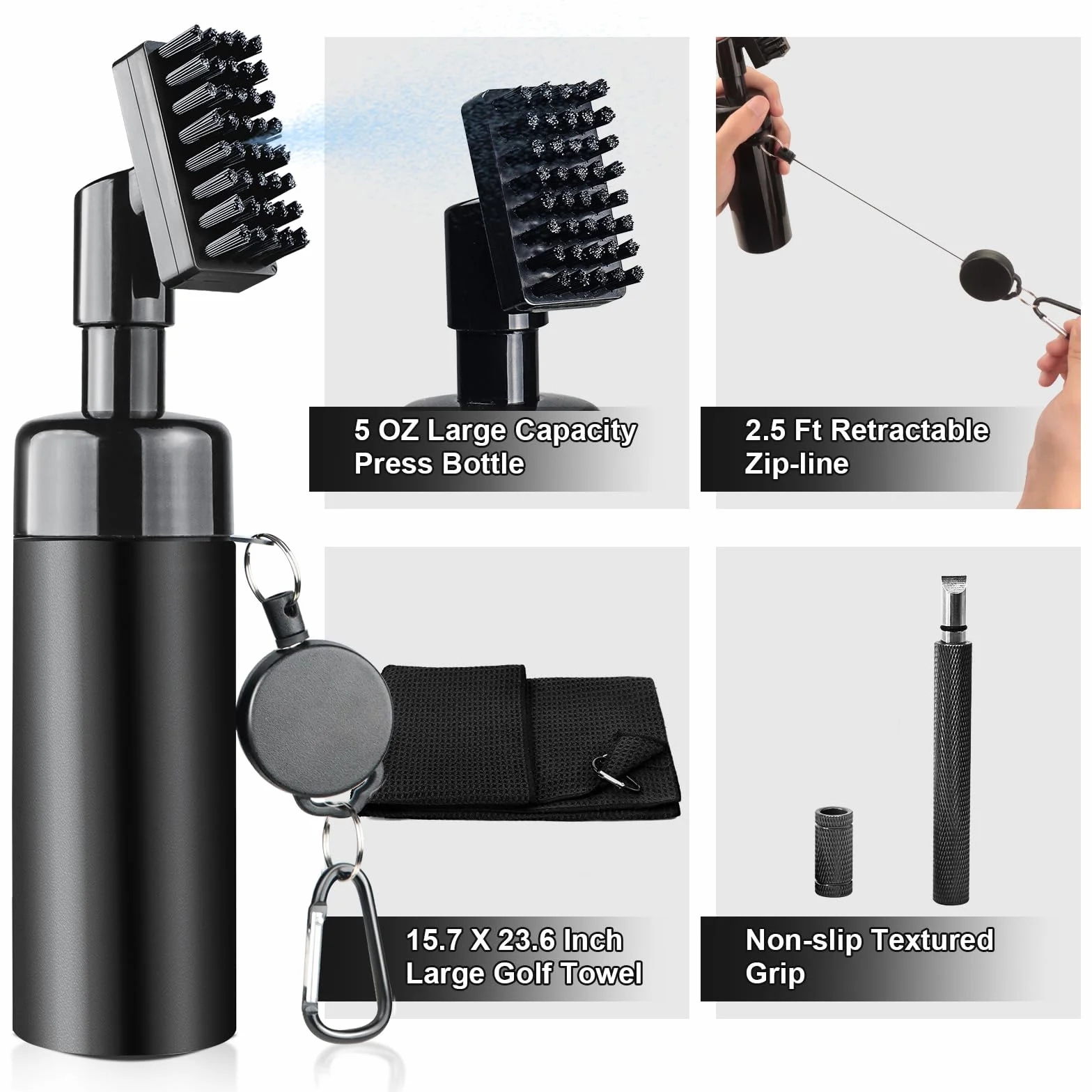 Kit de limpieza para palos de golf con afilador de ranura, toalla, cepillo de agua con botella spray y clip retráctil