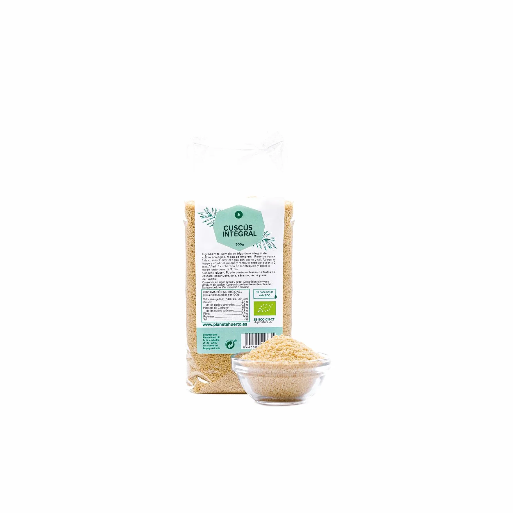 PLANETA HUERTO | Cous Cous Integral ECO 500g Rico en Carbohidratos, Vitaminas B y Minerales - Cous Cous Bajo en Colesterol y Sodio | 100% Natural y Ecológico