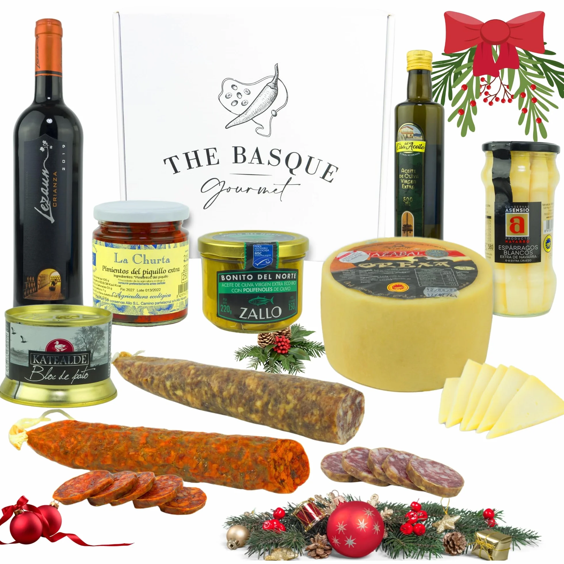 Lote Gourmet Euskal Herria - Cesta Navidad Queso Idiazabal, Pate, Chorizo, Espárragos de Navarra, Pimientos del Piquillo