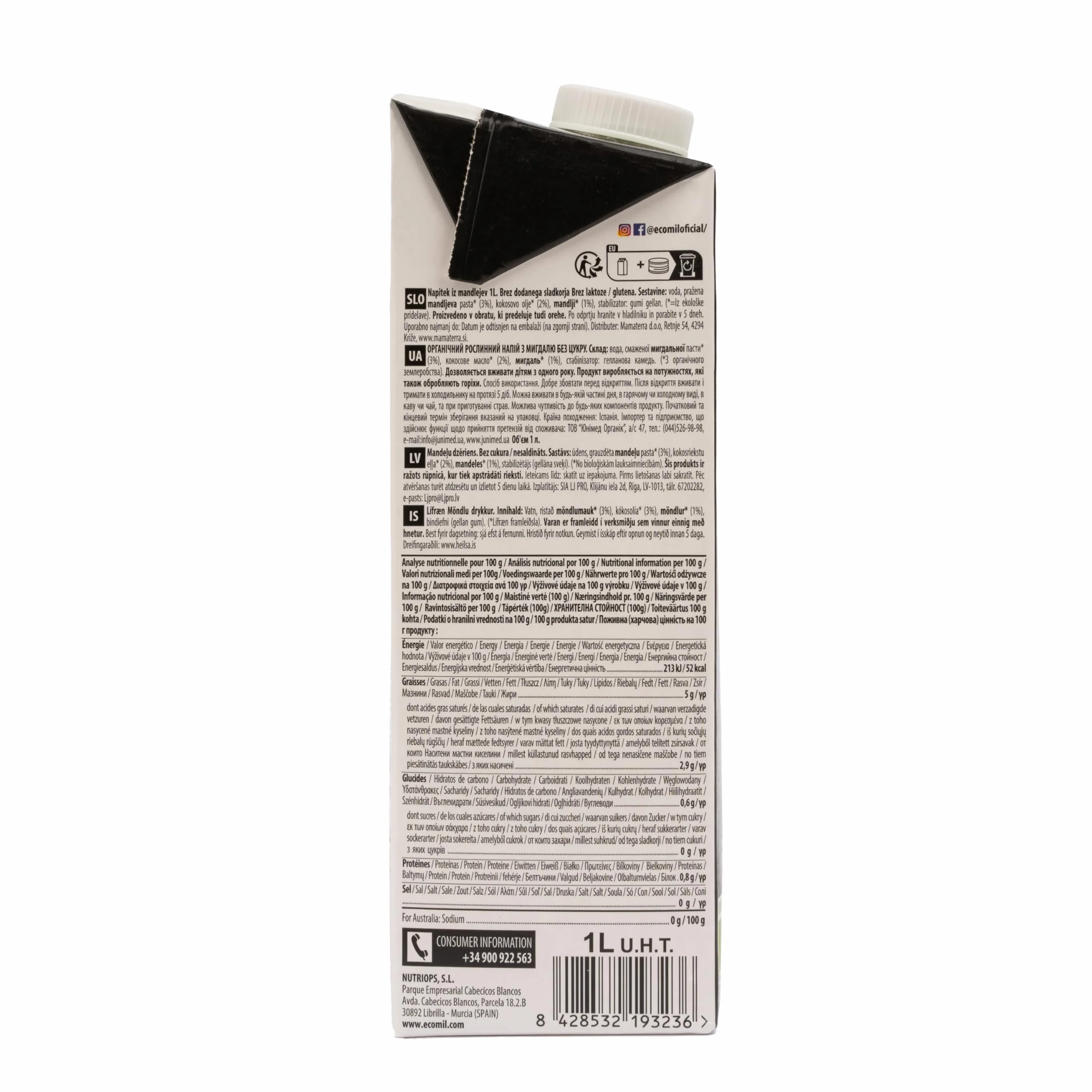 Ecomil - Bebida Vegetal de Almendras, Pack 6 x 1 Litro, Fruto Seco Ecológico, Sin Gluten, Sin Azúcares Añadidos, Apta para Dietas Keto y Veganas