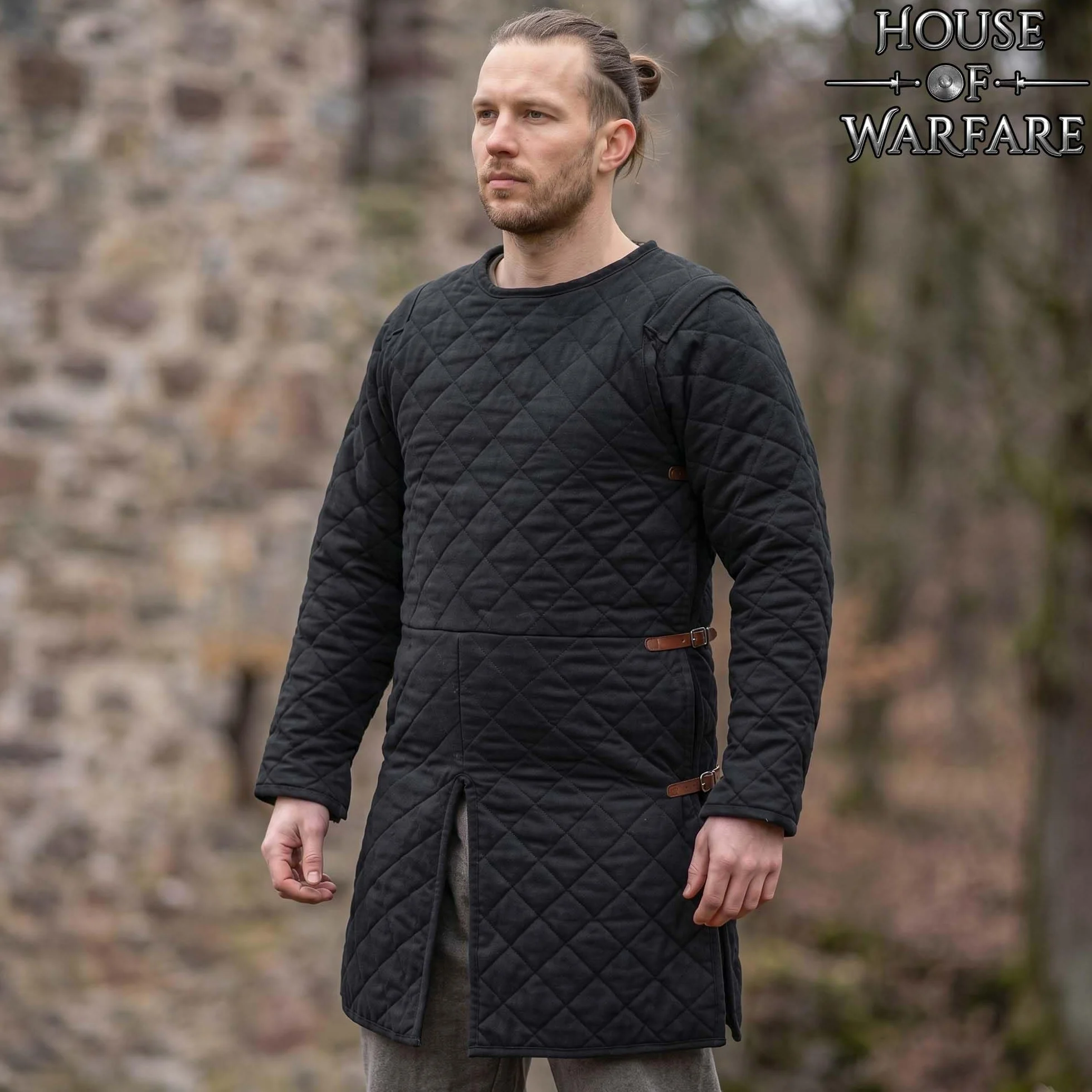 Medieval Gambeson acolchada manga completa dos capas LARP negro XXL