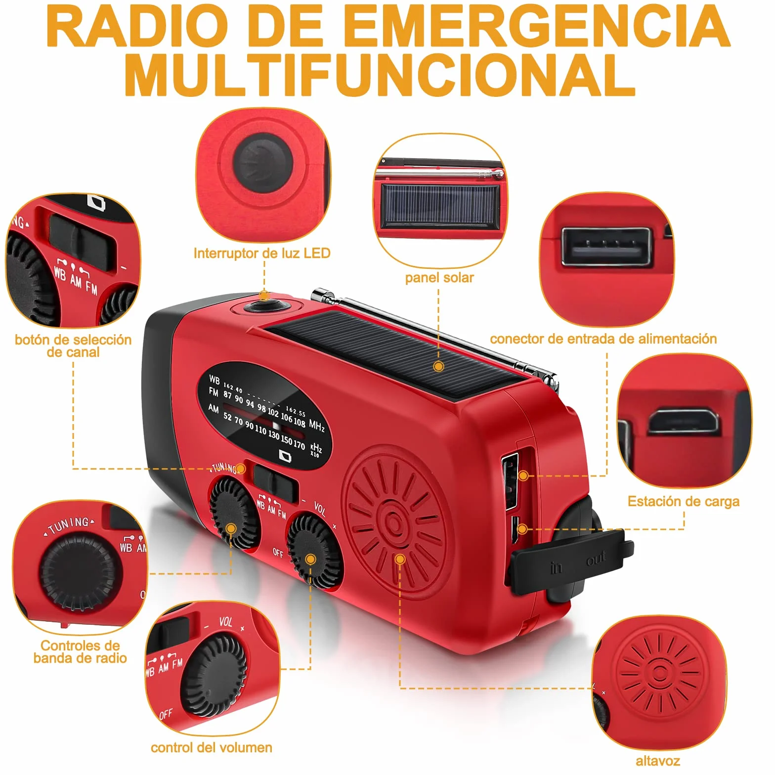 Radio Solar de Emergencia FM/AM/NOAA Portátil Manivela 2000mAh Power Bank Linterna SOS Recargable Camping