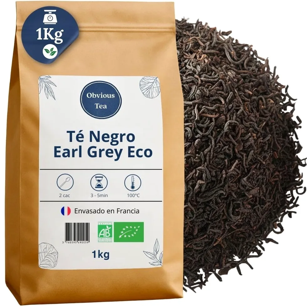 Té Negro Earl Grey Orgánico – Té vegano en hoja suelta, 100 % natural, libre de OGM – Agricultura ecológica – Envasado en Francia – Bolsa de 1 kg (500 tazas)