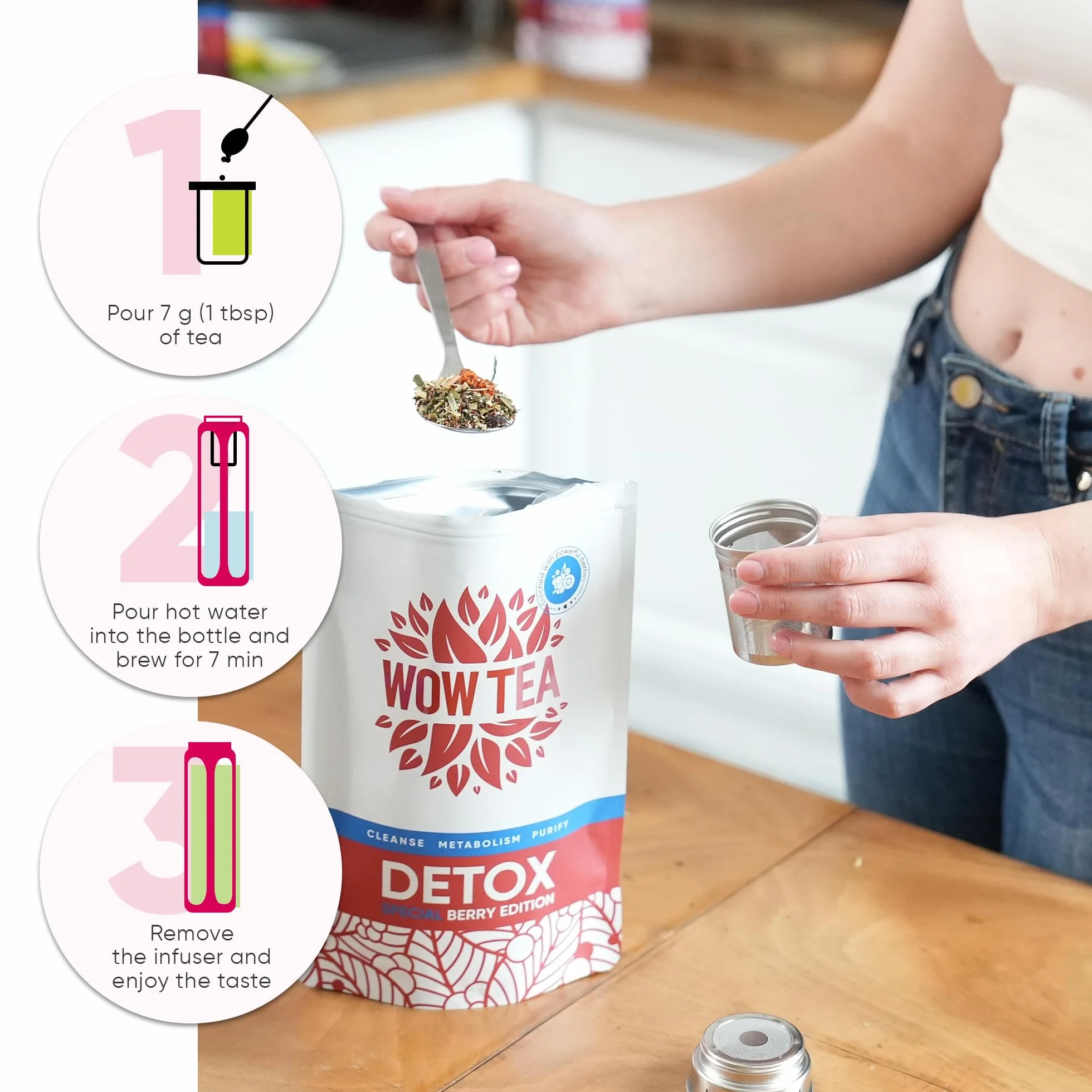 WOW TEA: Double Berry Slim Team 1 (talla única, té de desintoxicación de bayas + superfruta)