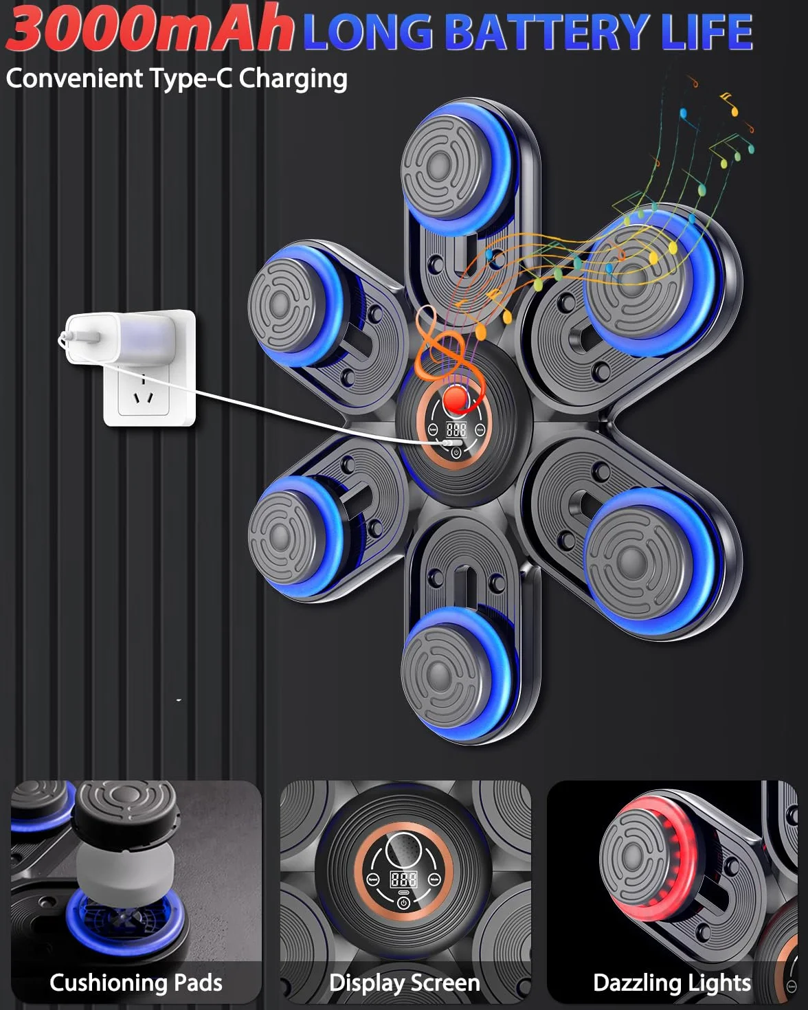 Holilo Máquina de Boxeo Musical, Maquina Boxeo Musical Pared con LED y Bluetooth, 9 Modos de Velocidad y Entrenamiento, Contador de Golpes, Guantes para Adultos y Niños