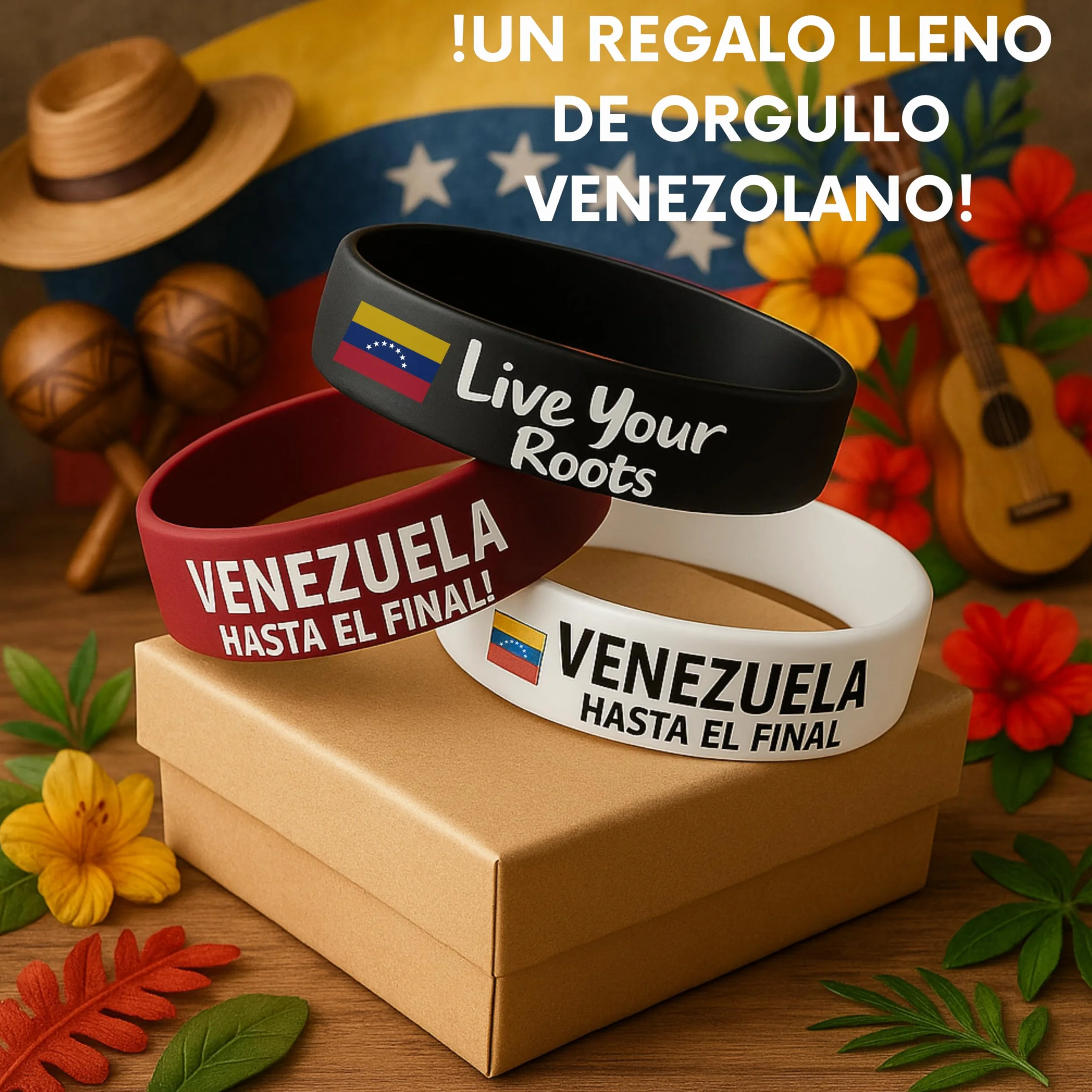 Bandera Venezuela 7 Estrellas Pulsera Silicona Premium 15 mm x 202 mm Negro Blanco Vinotinto