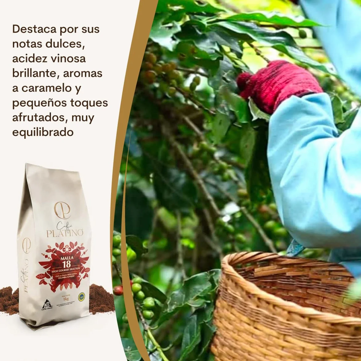 Café Platino - Café Molido de Colombia Supremo Tostado 1Kg - 100% Arábica - Malla +18 High Gourmet Selection