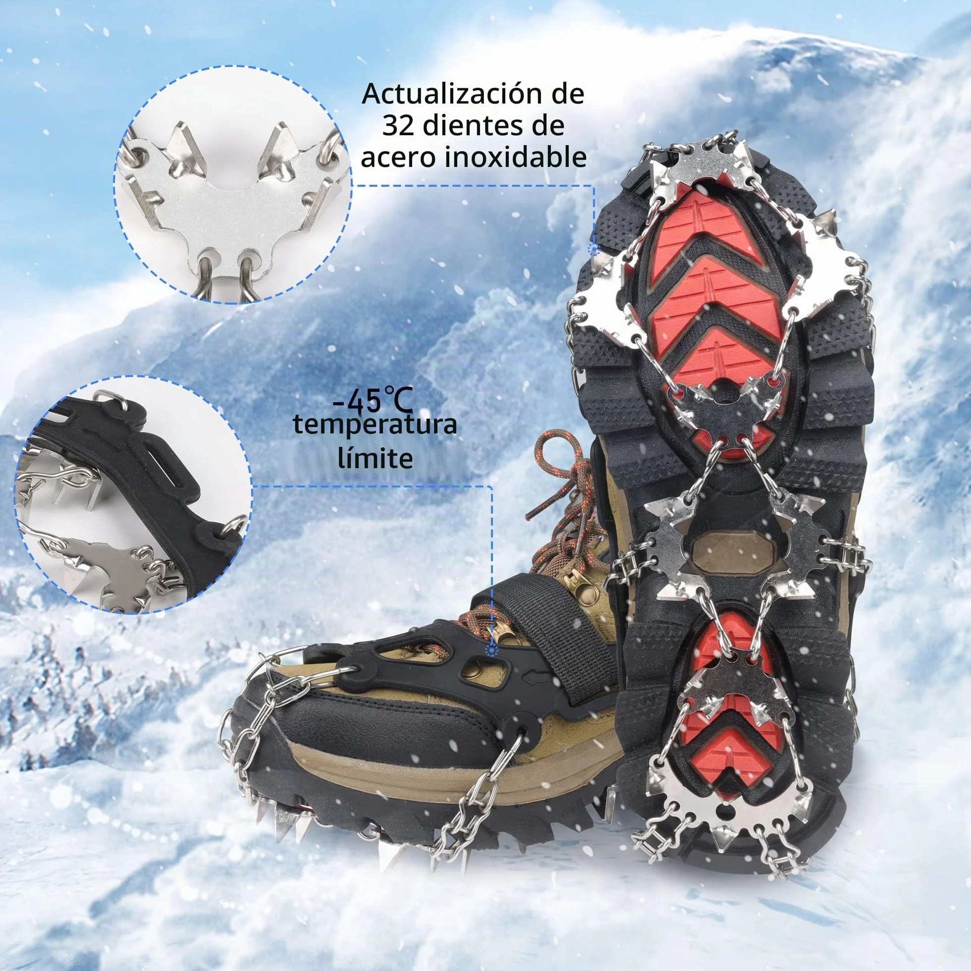 Crampones 32 Dientes Antideslizantes Empuñaduras de Nieve para Botas de Senderismo y Montañismo