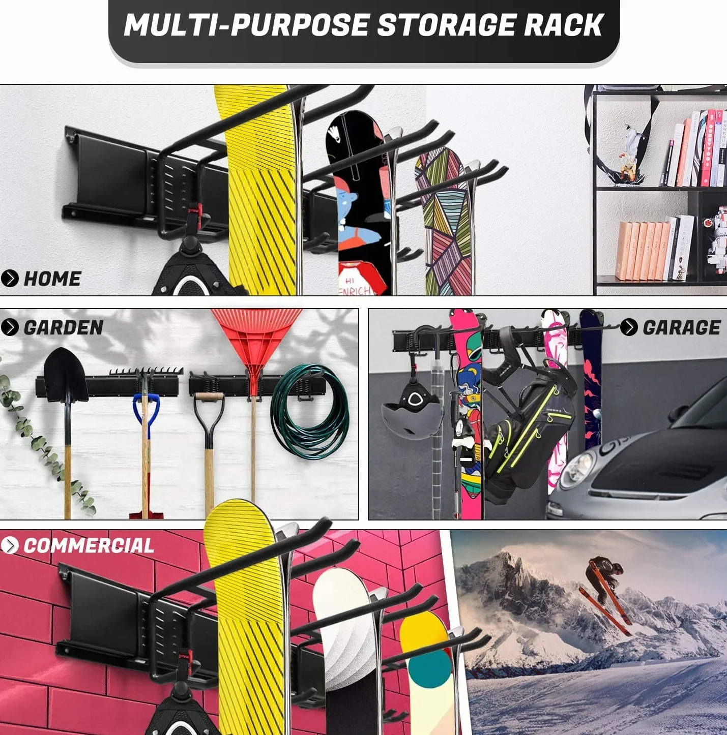 Odoland Soporte de Pared para Portaesquís de Snowboard Multipropósito, hasta 136 kg