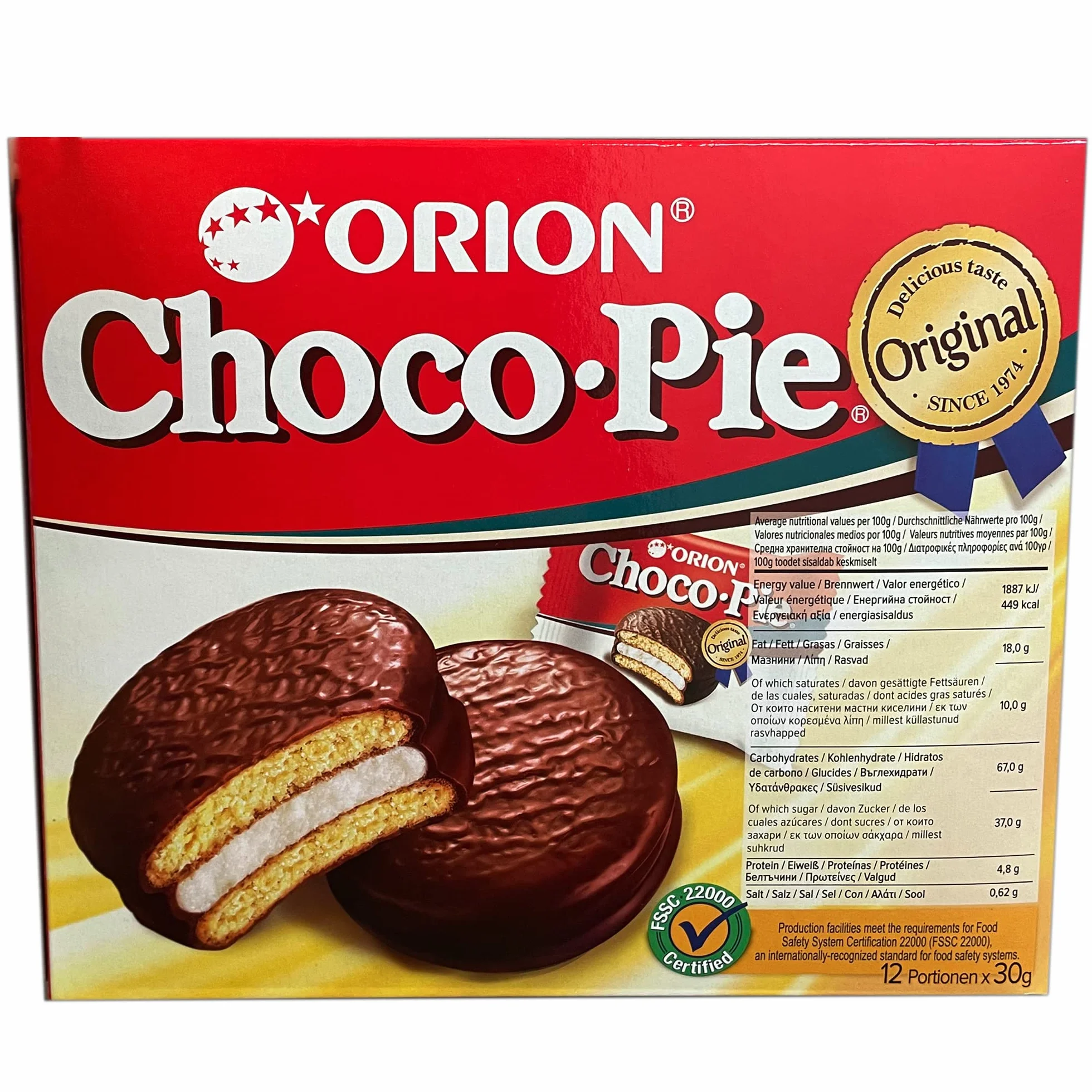 Orion Choco Pie 360g – 12 Pastelitos con Chocolate y Relleno de Marshmallow