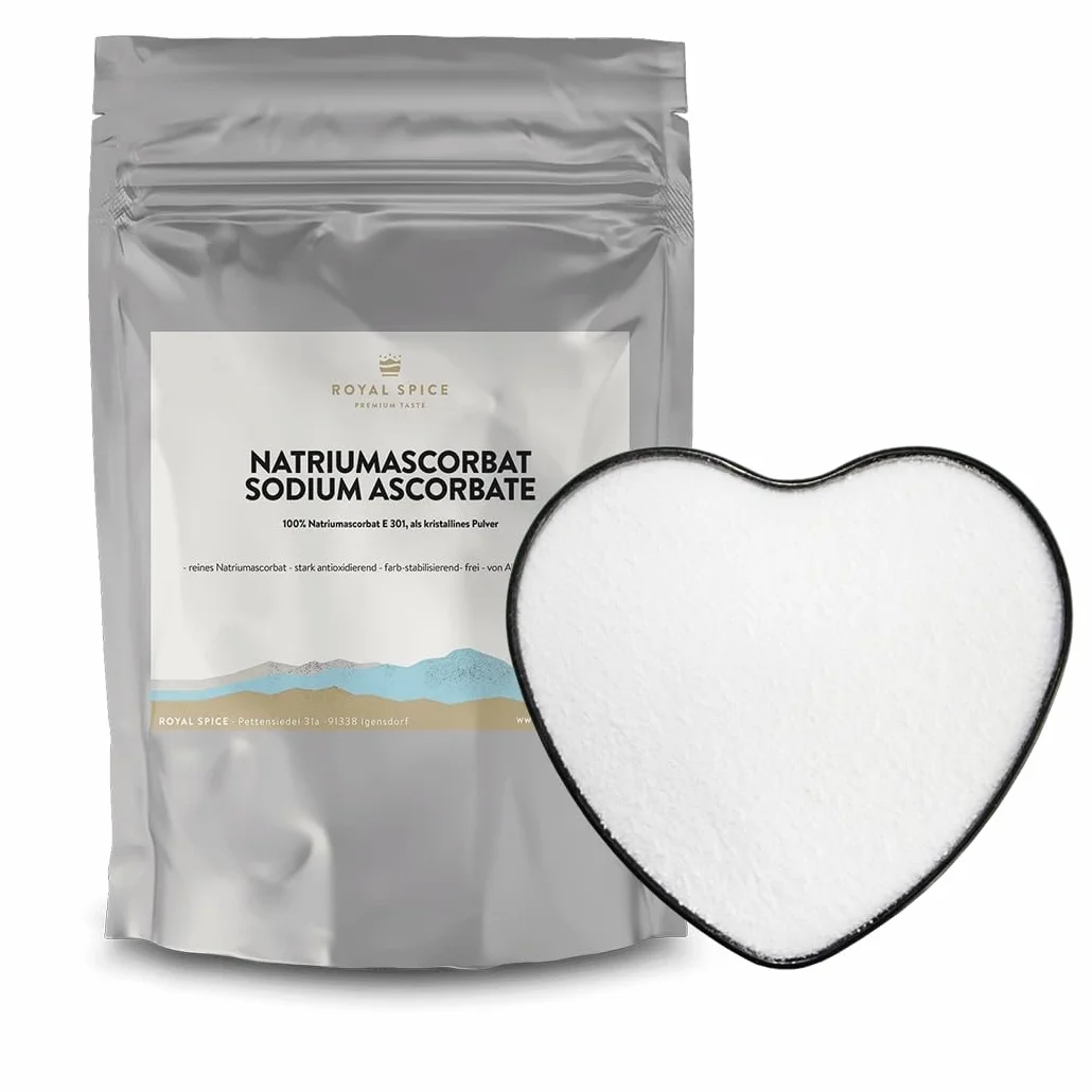 Royal Spice Ascorbato de sodio E301 250 g – Antioxidante puro y aditivo alimentario – Ascorbato de sodio en polvo para salchichas, salazón seco – Vegano y sin aditivos