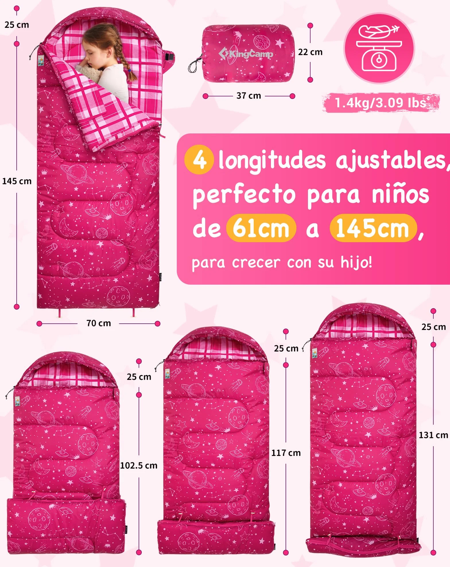 KingCamp Saco de Dormir Niños Franela de Algodón | 170 X 70 cm | 7℃ a -13 ℃ | Cálido y Cómodo para Niñas(Altura máxima hasta 145 cm) | Invierno Camping Accesorios, Viajes y Actividades
