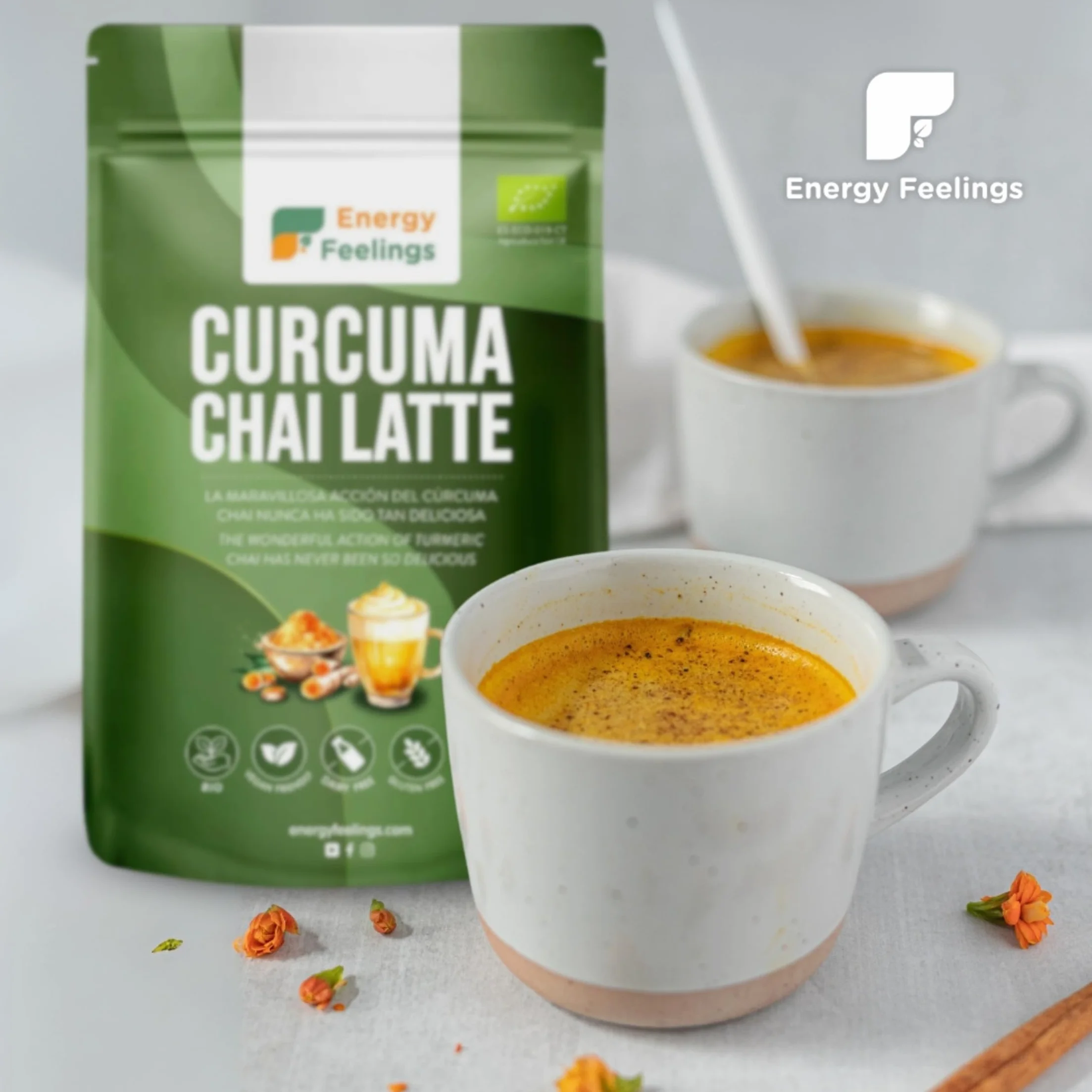 Energy Feelings Cúrcuma Chai Latte Ecológico 500 gr, Cúrcuma en Polvo con Jengibre y Pimienta, Apto para Veganos, Sin Lactosa, Sin Gluten