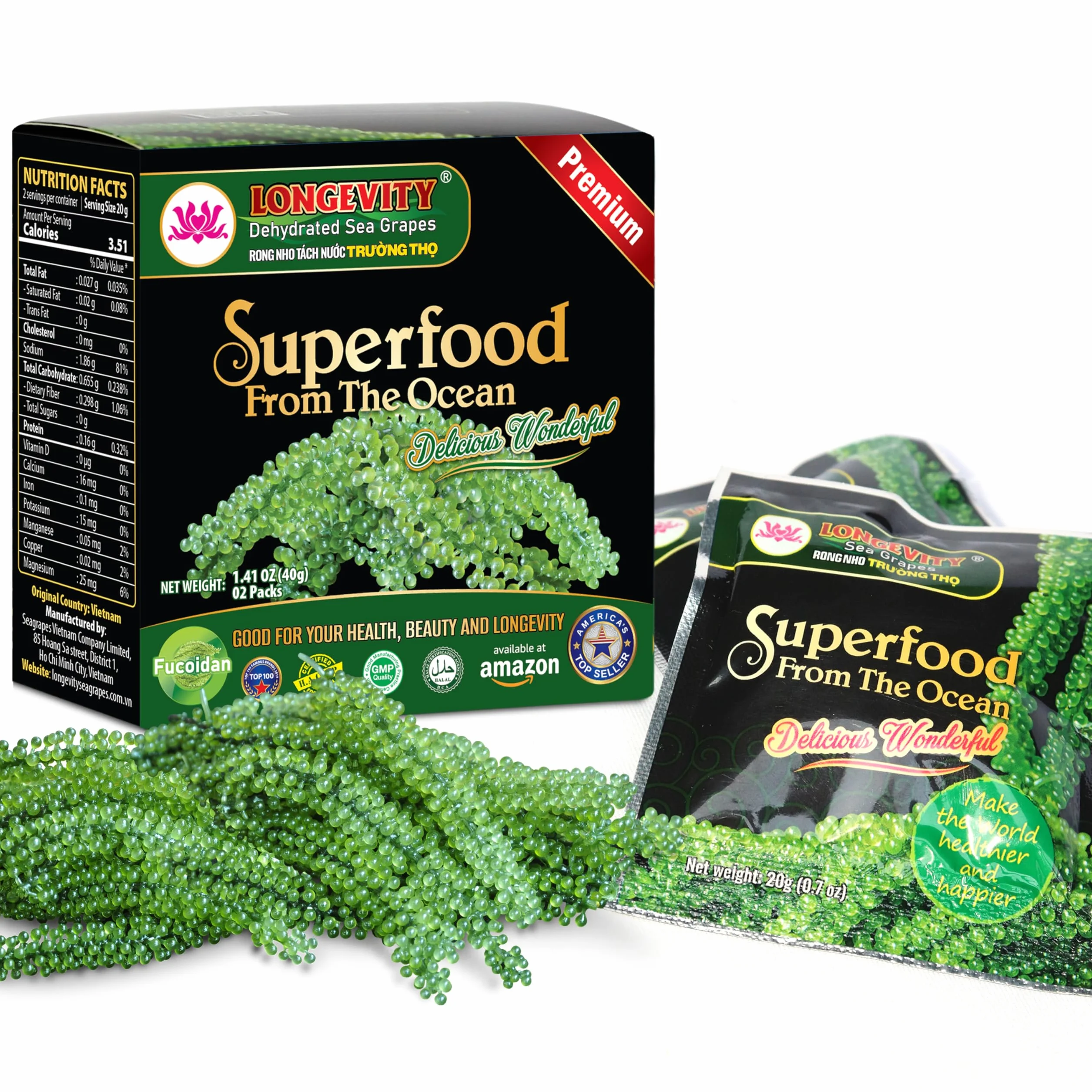 Longevity Uvas de mar - Umibudo verde Caviar - Deshidratado, peso, Intensificación del sistema inmunológico, valorado don natural De Mar (original), 1.4 onzas (paquete de 2)