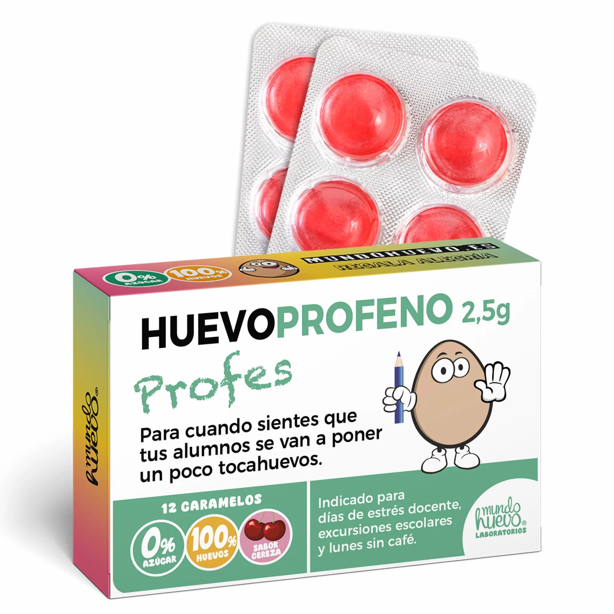 Caramelos de broma HUEVOPROFENO+ Profe | Caja con 12 caramelos sin azúcar sabor cereza | Regalo divertido para profes que dejan huella