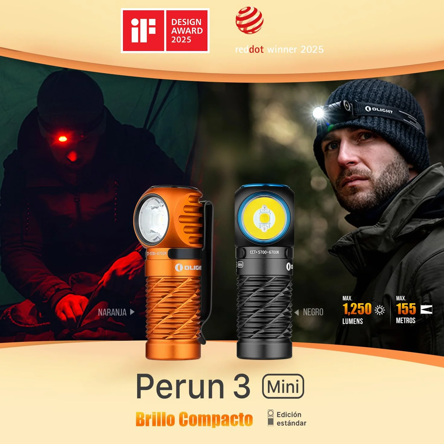 OLIGHT Perun 3 Mini Linterna Frontal LED Recargable 1250 Lúmenes 155 Metros Blanco Frío Naranja