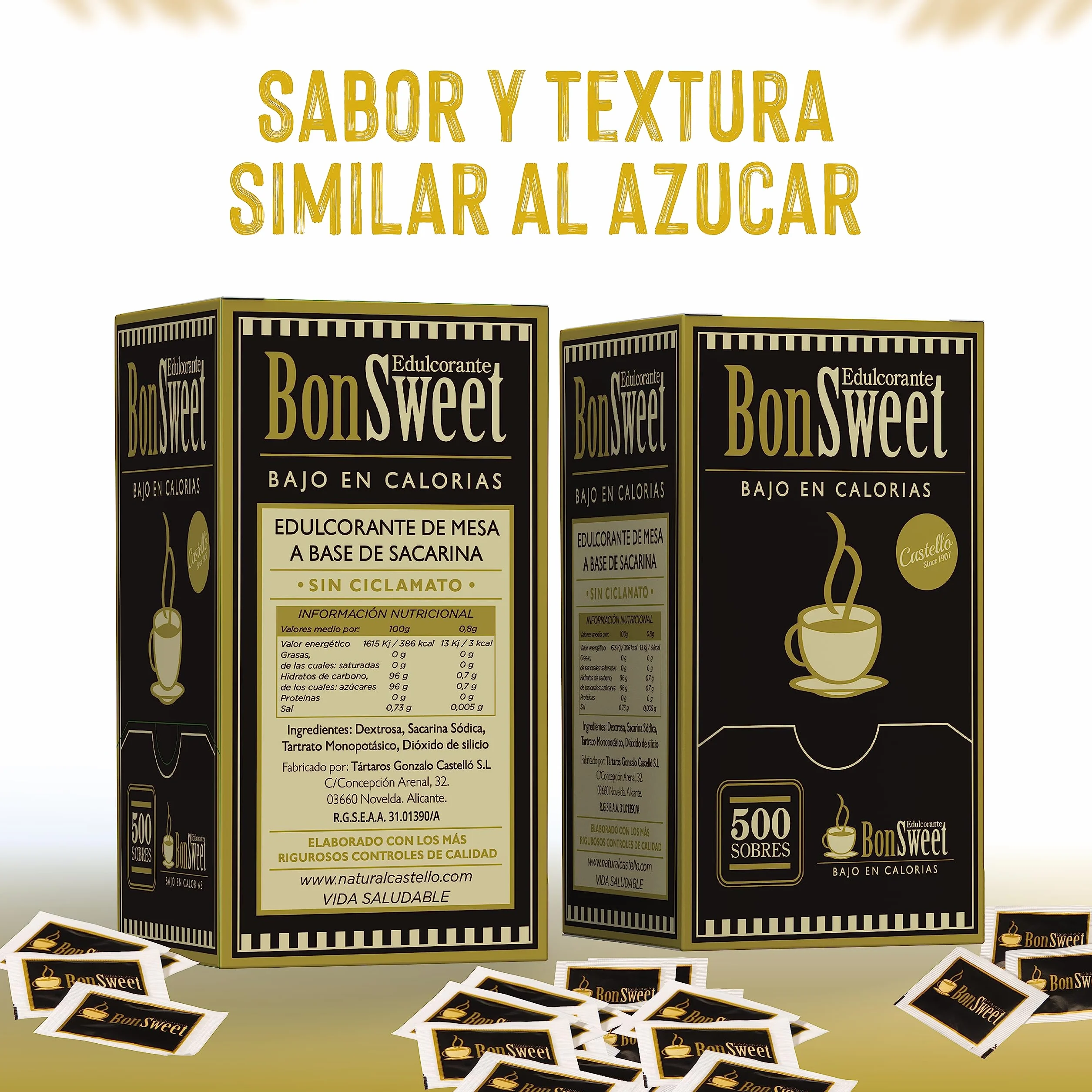 Castello since 1907 Edulcorante Bonsweet Sacarina Sin Ciclamato 500 Sobres | Monodosis | 1 sobre = 0.8g Azúcar | Bajo en Calorías | Ideal Café, Hostelería y Oficina - 400g