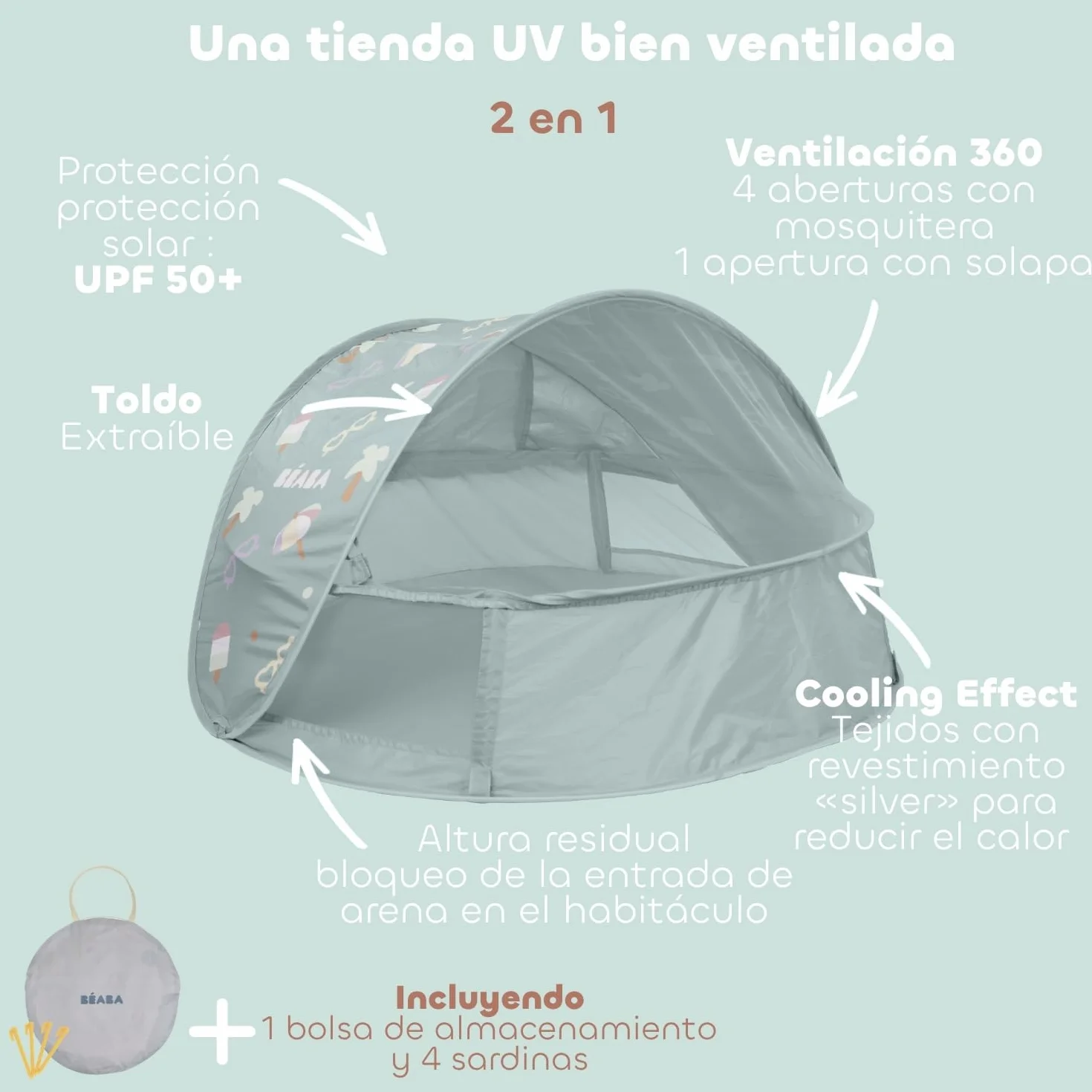 BÉABA Breezynest Tienda De Playa Para Bebé 2 En 1, 0–24 Meses, UPF50+, Protección Solar UV, Ventilación 360°, Mosquitera, Sistema Pop-Up, Caqui