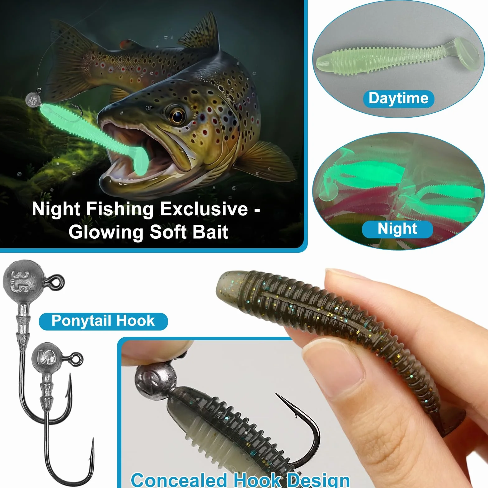 Señuelos de pesca blandos 45 piezas con cabezas triangulares 10 piezas 5,5 cm 6,5 cm 7,5 cm cebo flotante goma con cabeza caja plástico 5 colores