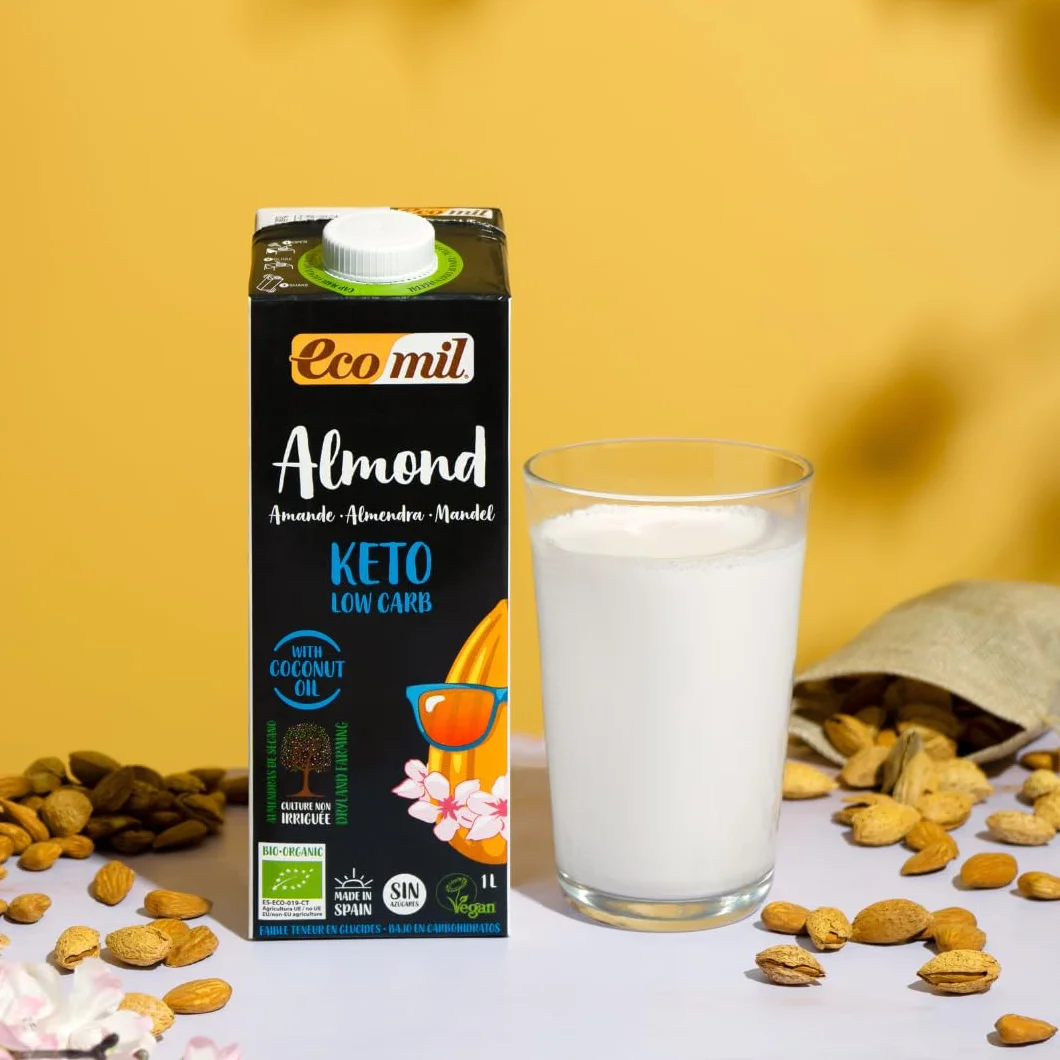 Ecomil - Bebida Vegetal de Almendras, Pack 6 x 1 Litro, Fruto Seco Ecológico, Sin Gluten, Sin Azúcares Añadidos, Apta para Dietas Keto y Veganas