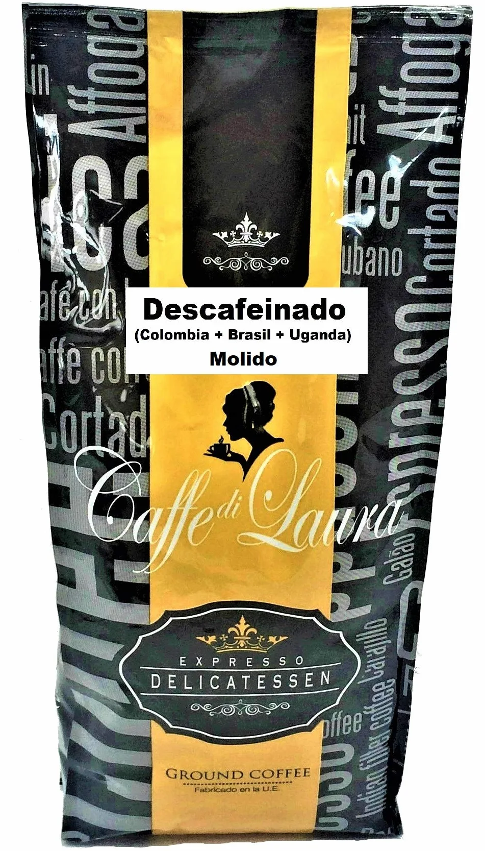 Café Descafeinado (Colombia+Brasil+Uganda) Selección Gourmet " Caffe di Laura " En Grano o Molido. Presentación en Bolsa. (Descafeinado Molido, 5 Bolsas x 1 Kg..)