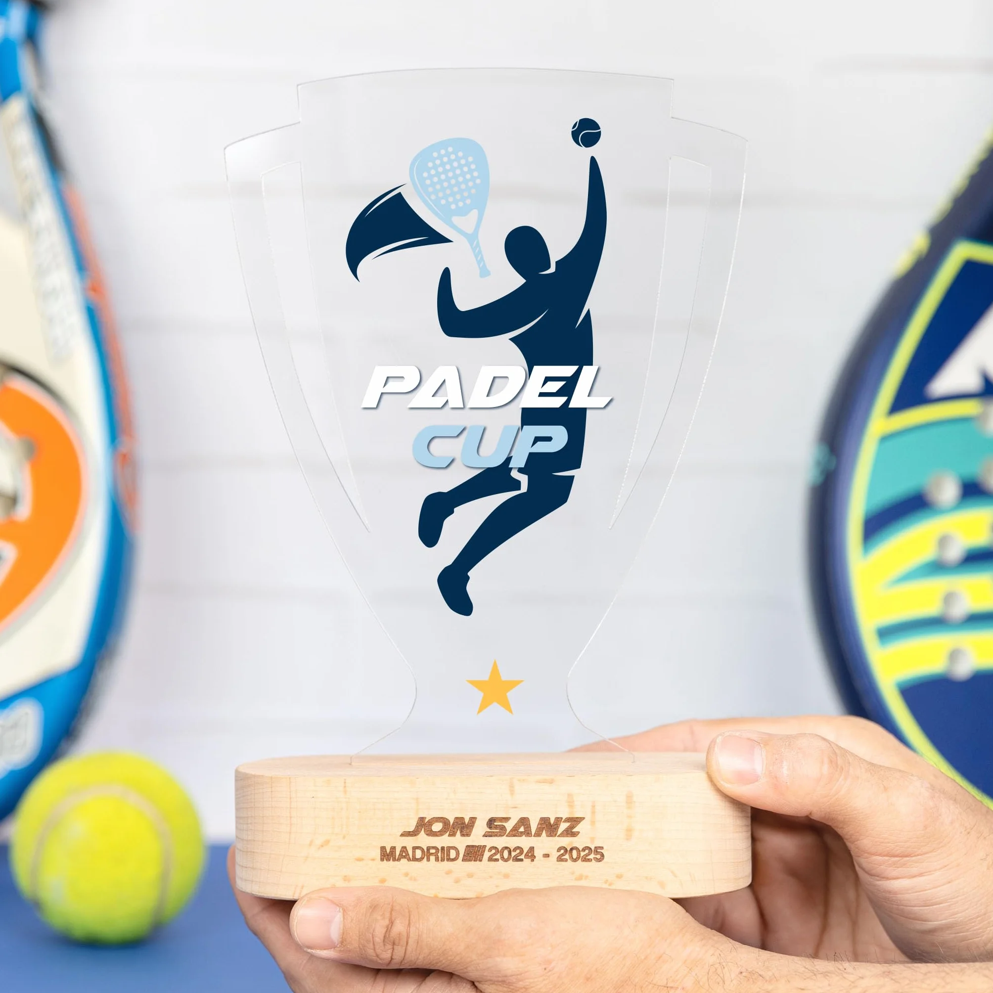 Trofeo Personalizado con Foto y Texto Copa Deportiva Placa de Metacrilato Impresa a Color Base de Madera Natural
