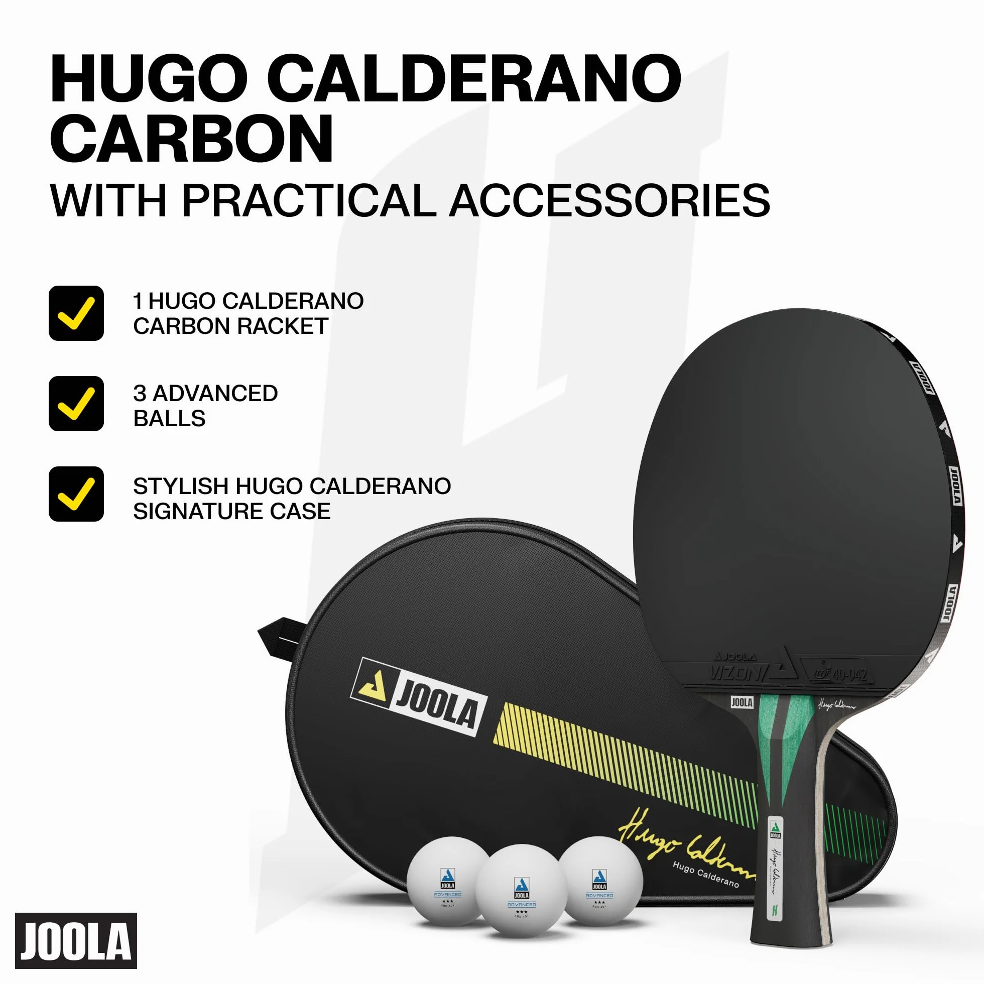 JOOLA Hugo Calderano Carbon Raqueta de Ping Pong con Funda y 3 Pelotas, Aprobado ITTF, Negro y Verde