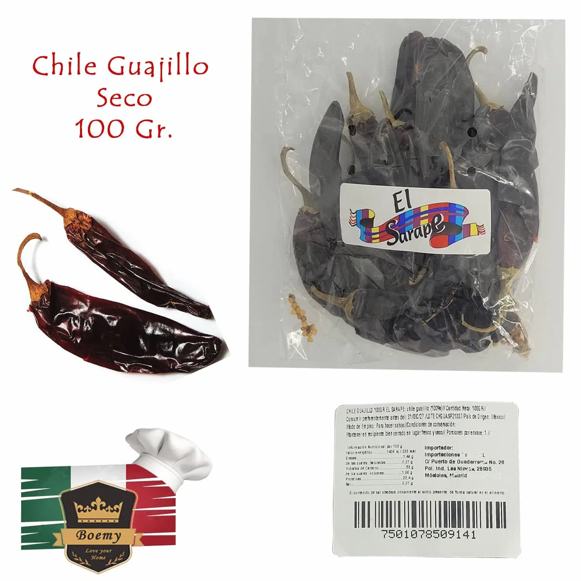 El Sarape Pack Chiles Mexicanos 4 Variedades Chiles Secos 100g Chile de Árbol Guajillo Pasilla Ancho